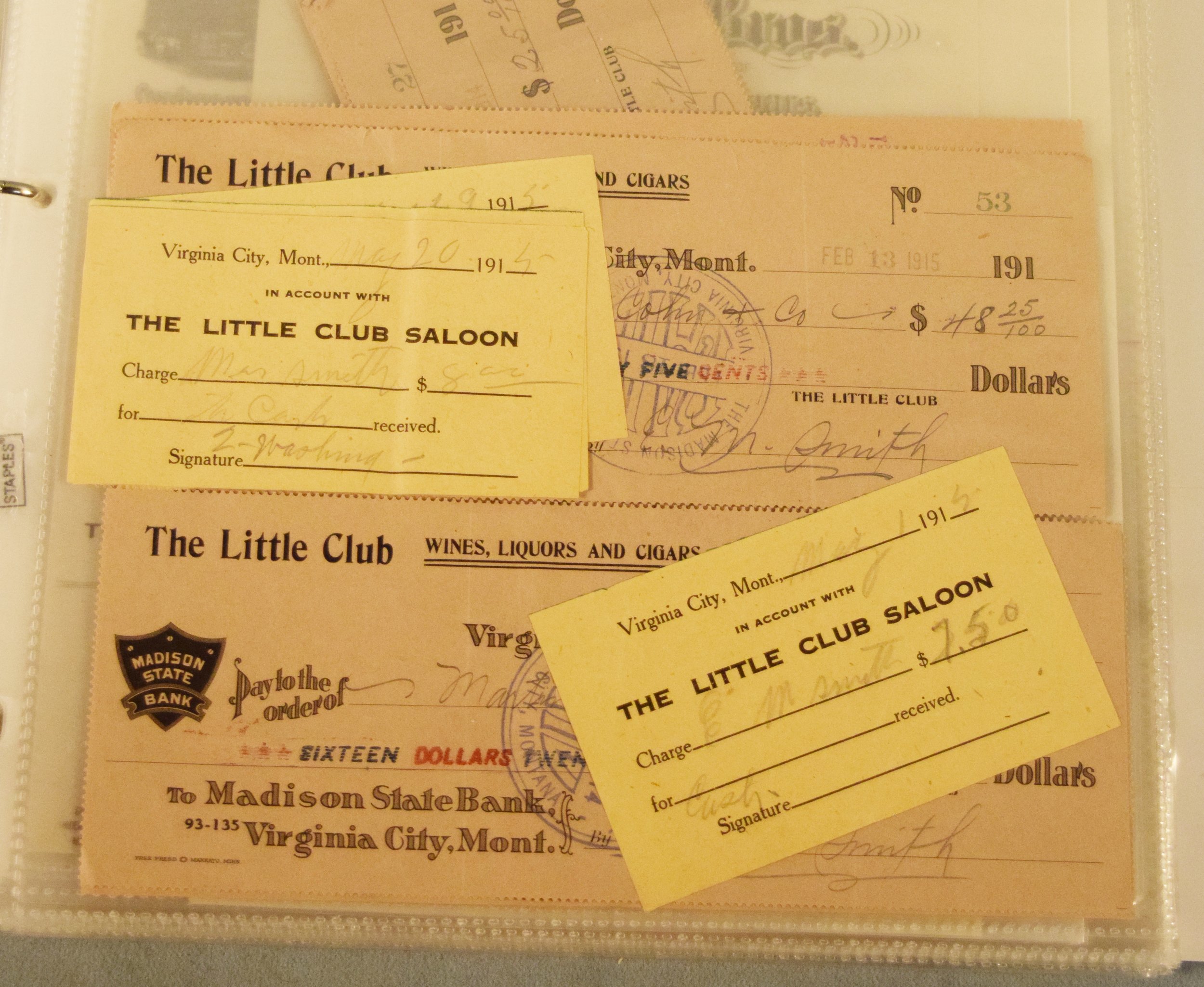 Vintage Montana paperwork/receipts/letters: Buford Mercantile Co. - Virginia City; Goodkind Bros. - Virginia City; The Little Club Saloon - Virginia City; Elling Hardwarre Company - Virginia City; M. Mailand - Virginia City; Western Mining Supply Co.