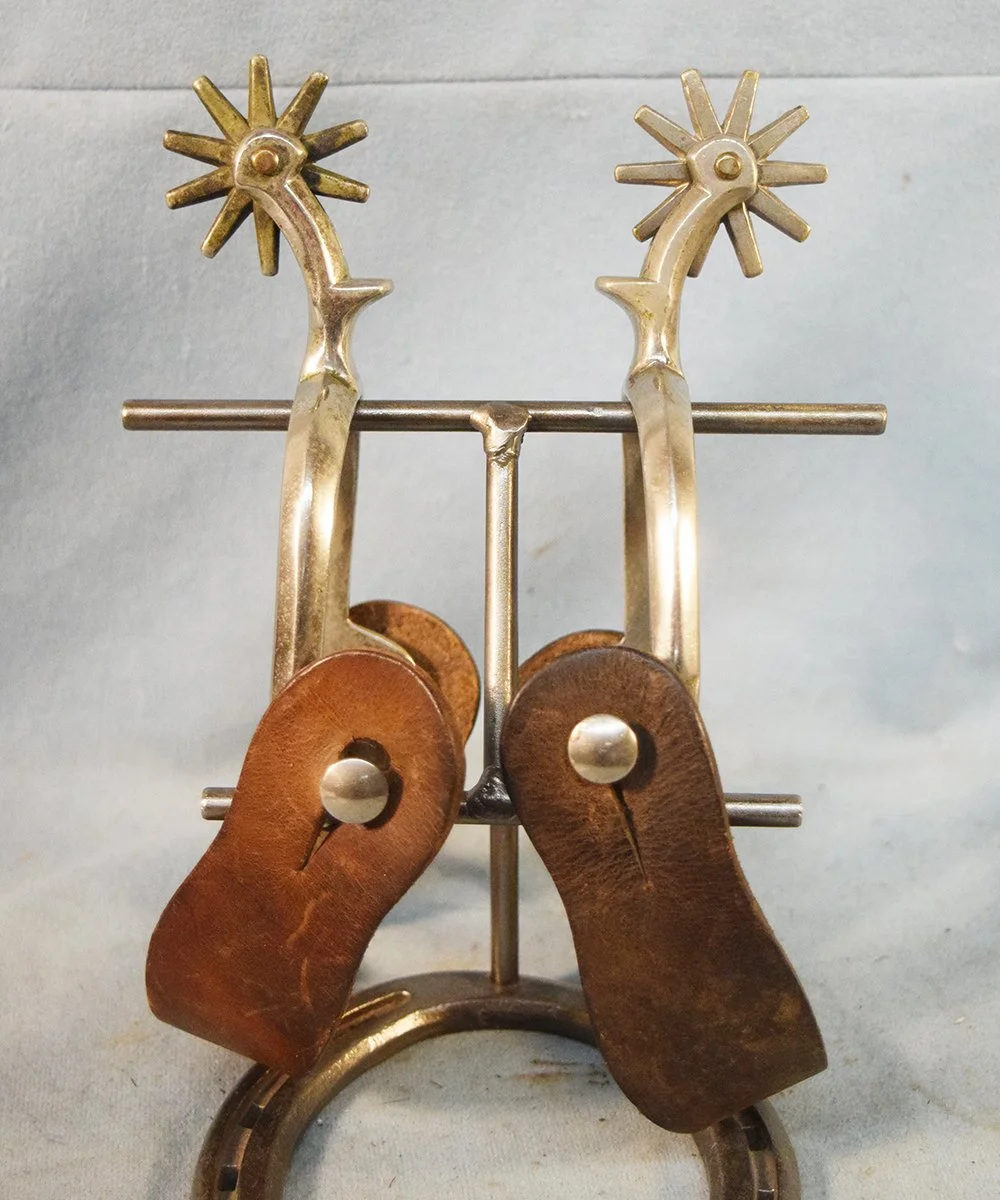 Buermann steel silver spurs with straps, pre 1926
