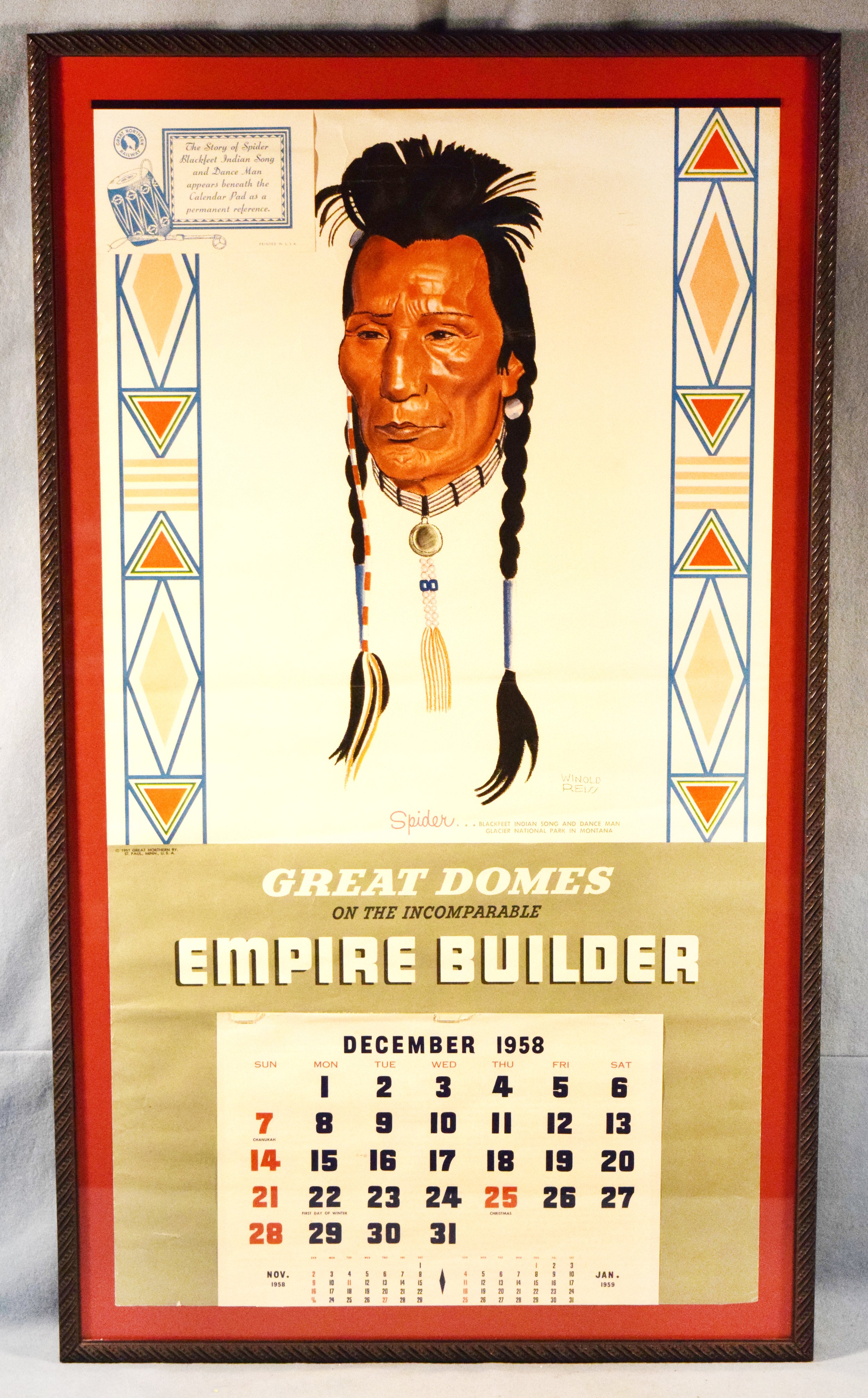 1958 wall calendar featuring art from Winold Reis, Spider…Blackfeet Song and Dance Man, Glacier National Park, MT, ©1957, Great Northern, St Paul, MN, 29" x 16", framed