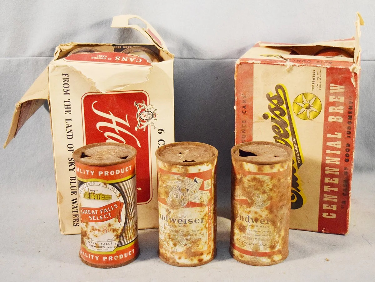 Vintage beer cans: 6 pack of Hamms, 6 pack of Edelweiss, (2) Budweiser & (1) Great Falls Select
