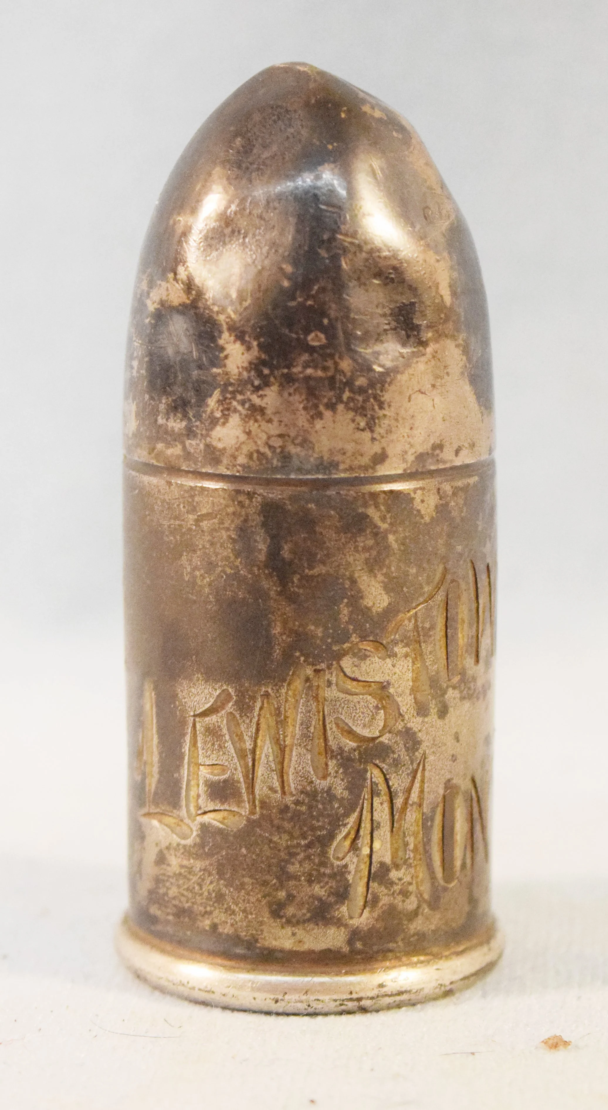 Lewistown trench art, Rockford Silver Co., stamped 2503 on bottom, 3.25" tall, 1.5" diameter, Lewistown, Mont etched in the side