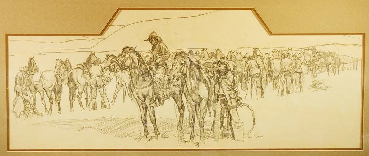 Carter, Gary, original charcoal, Bears Paw Roundup Study, 15" x 38", framed, signed lower middle