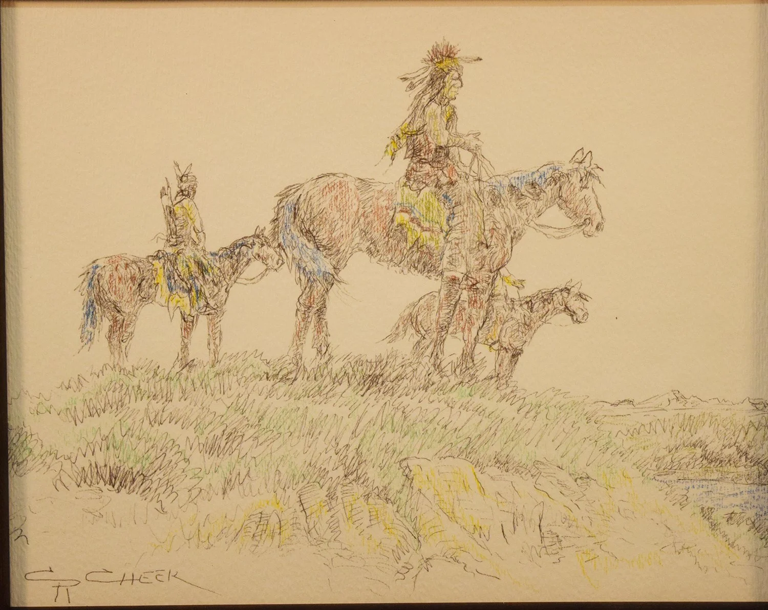 Cheek, C. R., original pen & ink, Indians Horseback, 7½" x 9½", framed, signed lower left