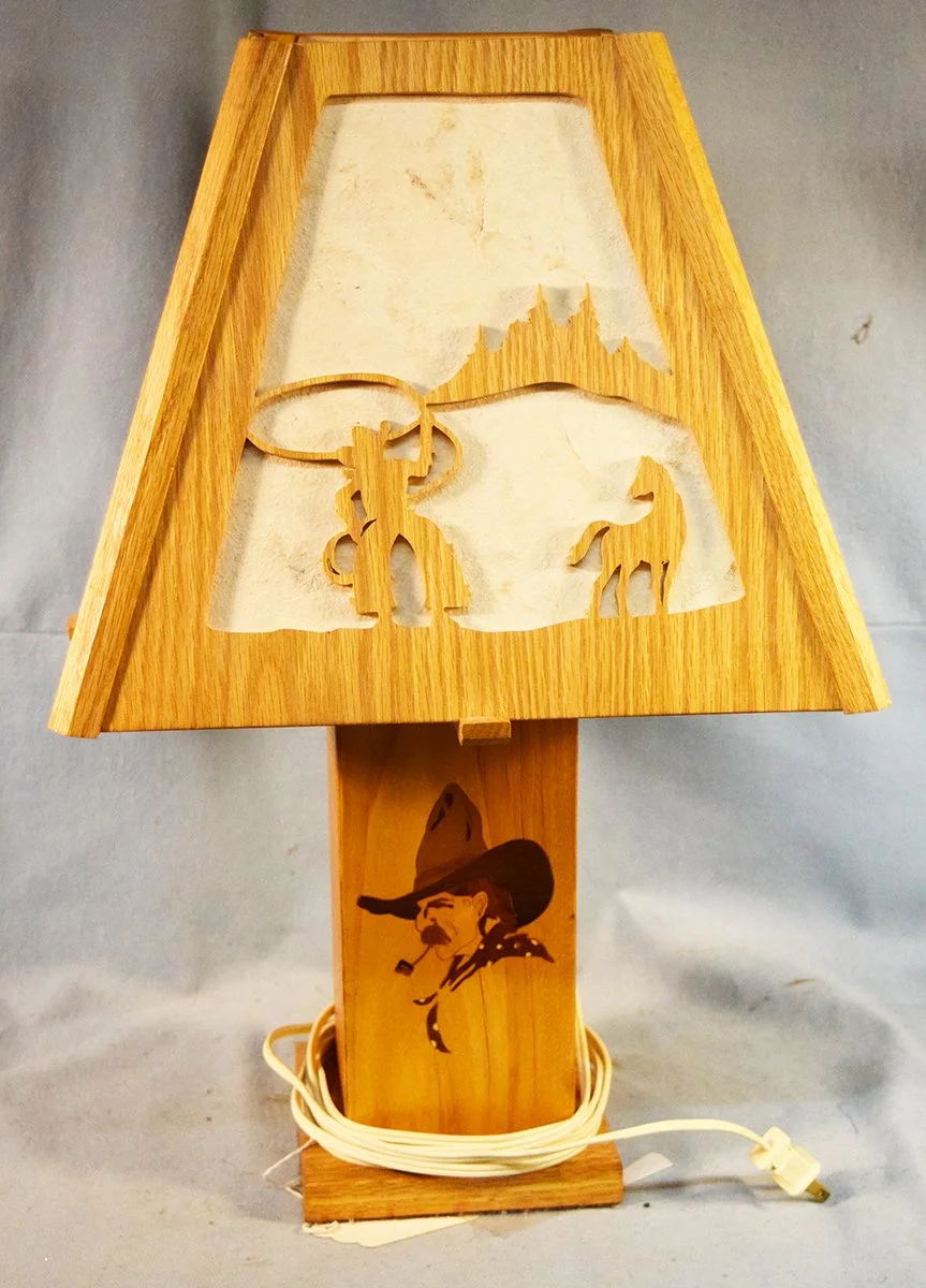 Sweet Water Ranch lamp, wood lamp with wooden shade, 5½" square base, 20" tall, shade is 12" x 12" at base with unique cowboy image on each side, made by Steve Blood
