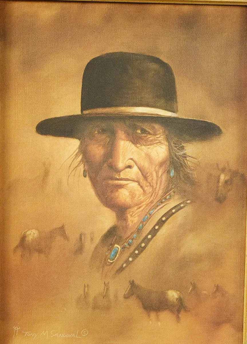 Sandoval, Tony M., original oil on canvas, The Hat, 12" x 9", framed, signed lower left