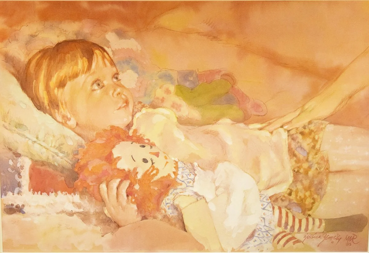 Zemsky, Jessica, watercolor, Child with Raggedy Ann, 17" x 25", framed, signed lower right, 1983