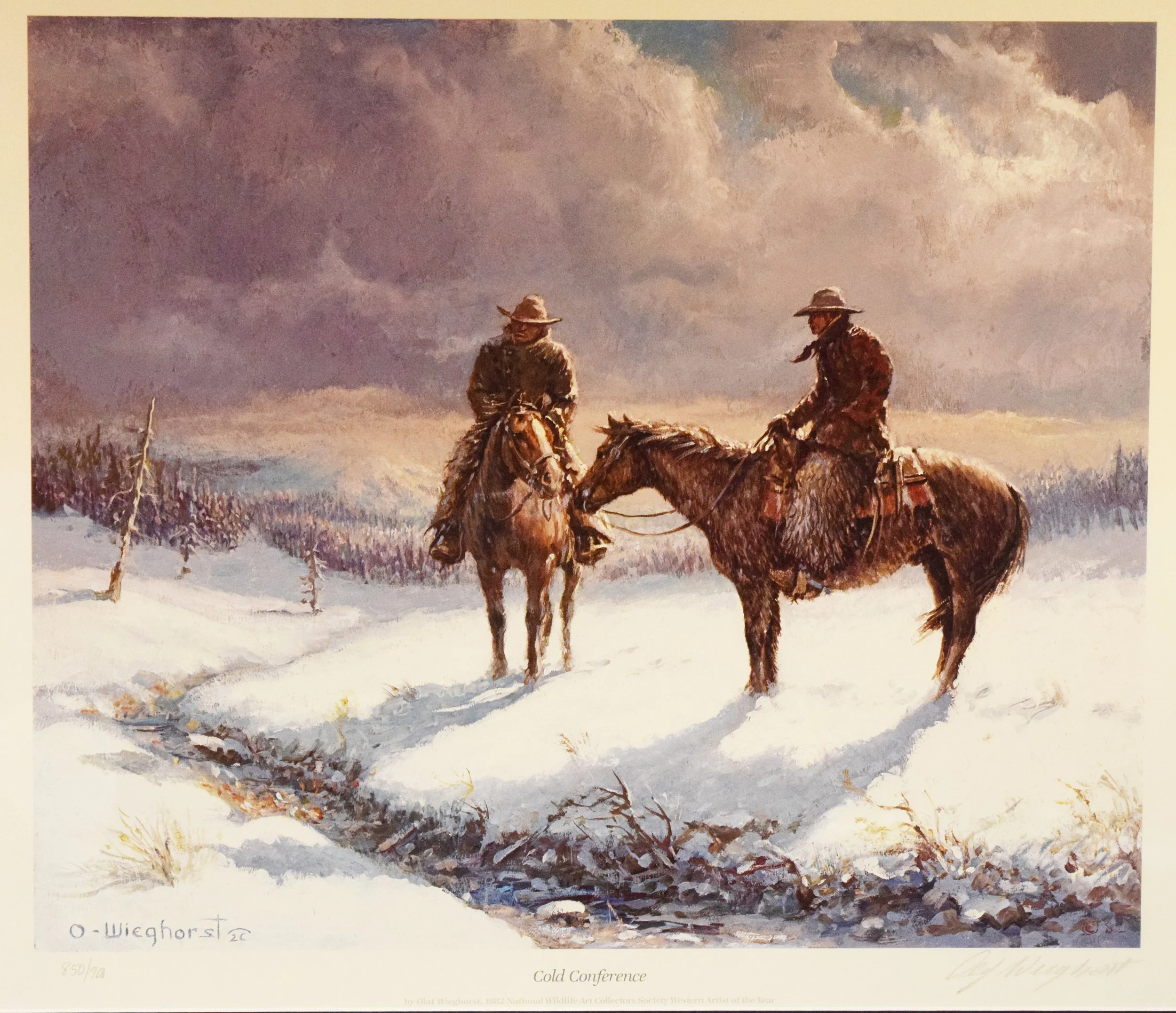 Wieghorst, Olaf, print, Cold Conference, 16.5" x 19.5", framed, signed & numbered lower right, #850/900