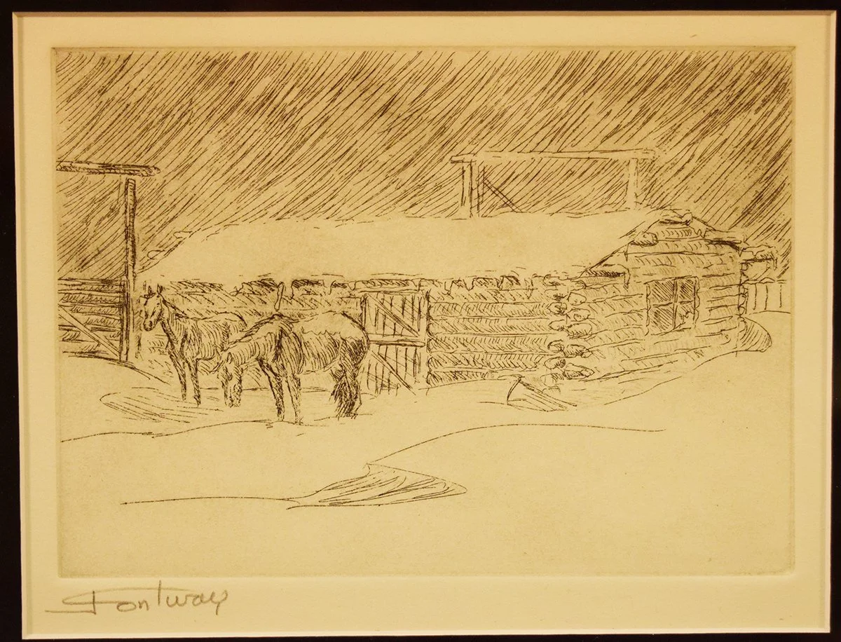 Contway, Jay (1935-2019) open edition print, Angus Monroe's Barn,  5.5" x 7.5", framed, signed lower left