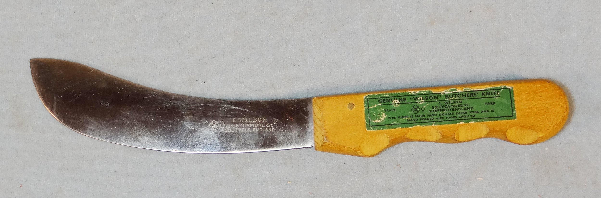 Hudson Bay Company trade knife, all original markings, mfg. by I. Wilson, very rare to find original paper label on the handle of the knife.
