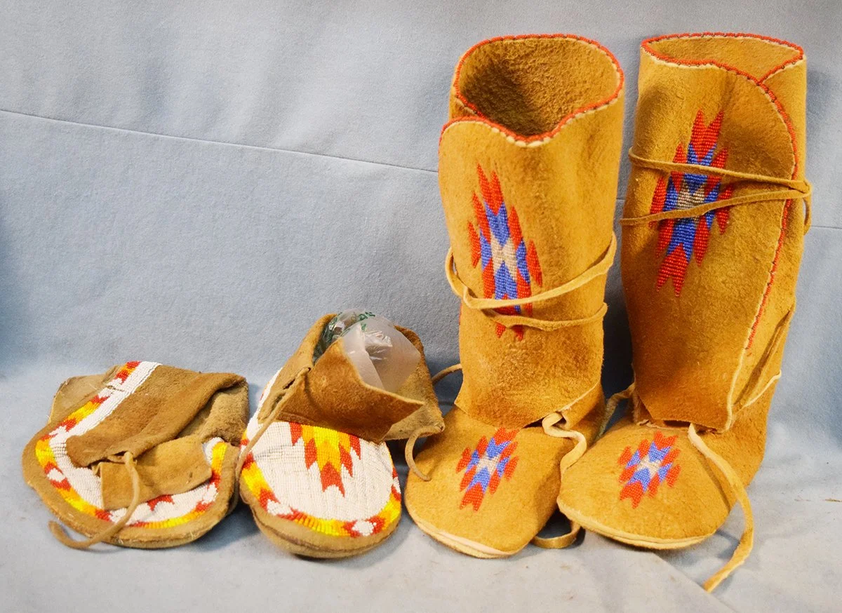 (2) pair of beaded moccasins, 9" & 8½" long and 12" tall
