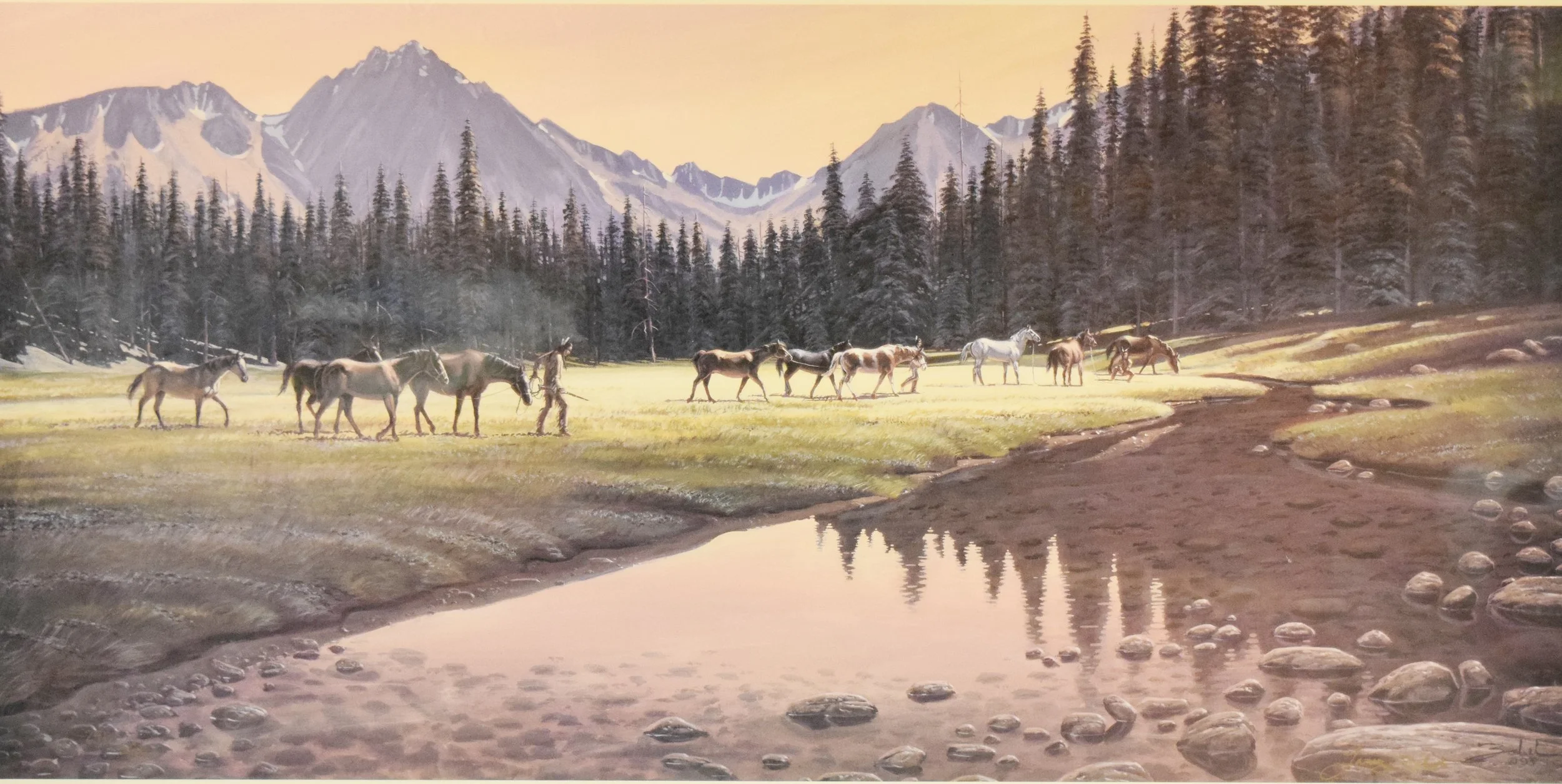 Zabel, Larry, limited edition lithograph, Picketing the Ponies, 15" x 27.5", signed & numbered, #246/350, signed lower right, 1994 Rocky Mountain Elk Foundation Collector's Series