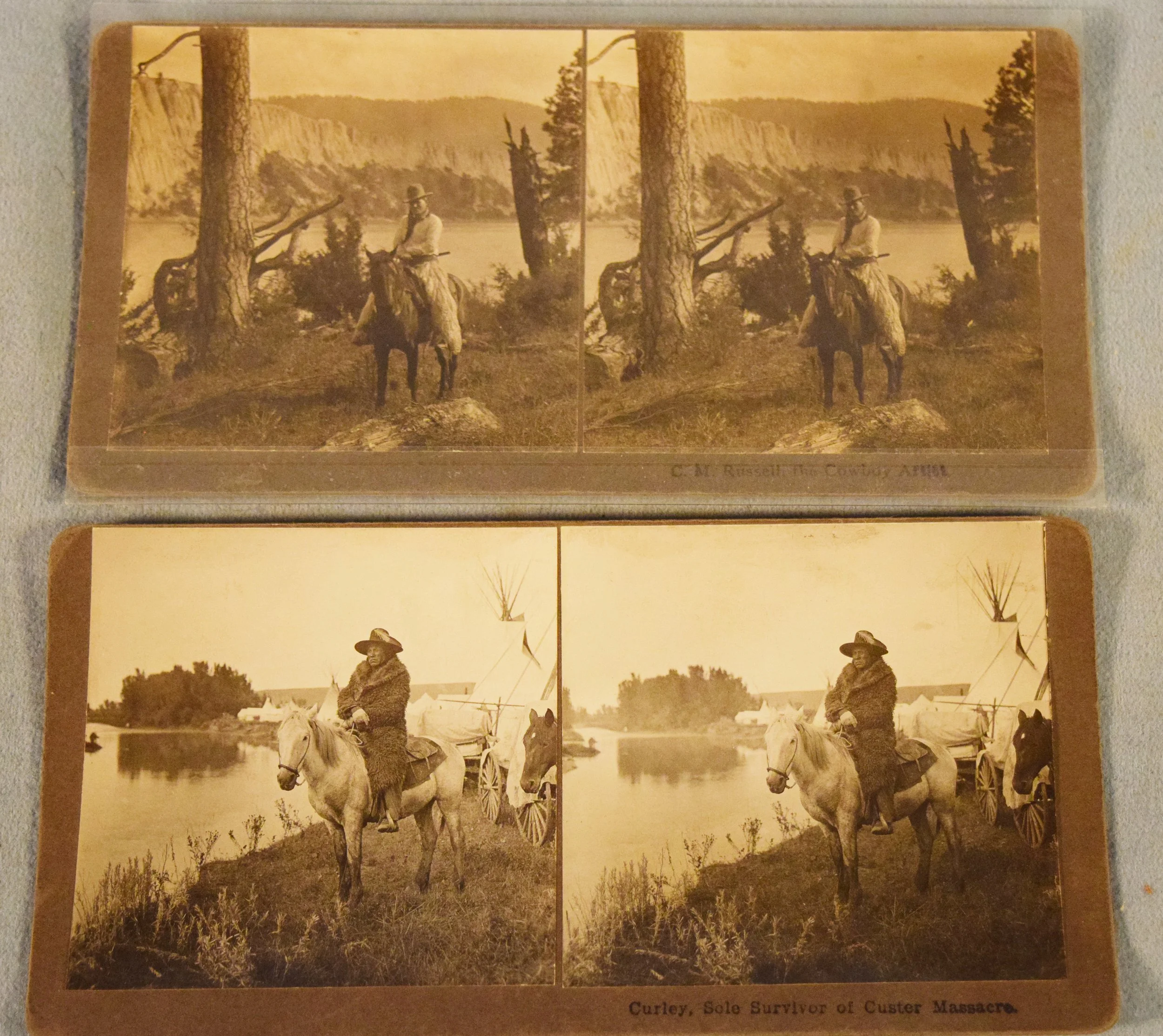 (2) Stereo card views, Curly Crow Scout and C. M. Russell
