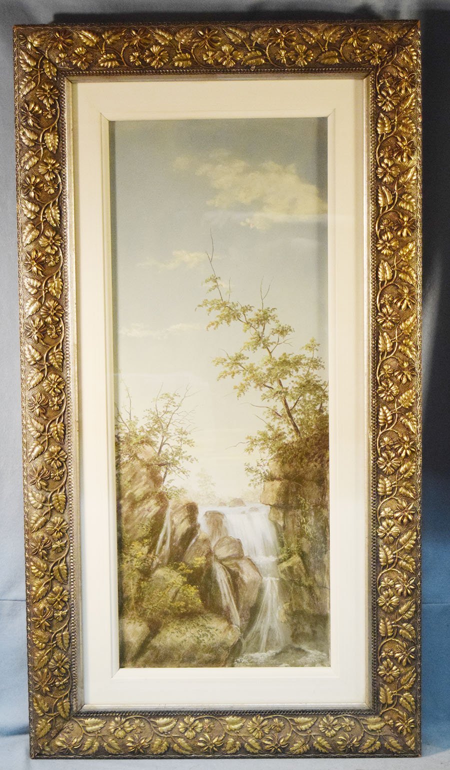 Vintage pastel landscape painting, hand blown glass, pewter frames, 29" h x 12" w 
