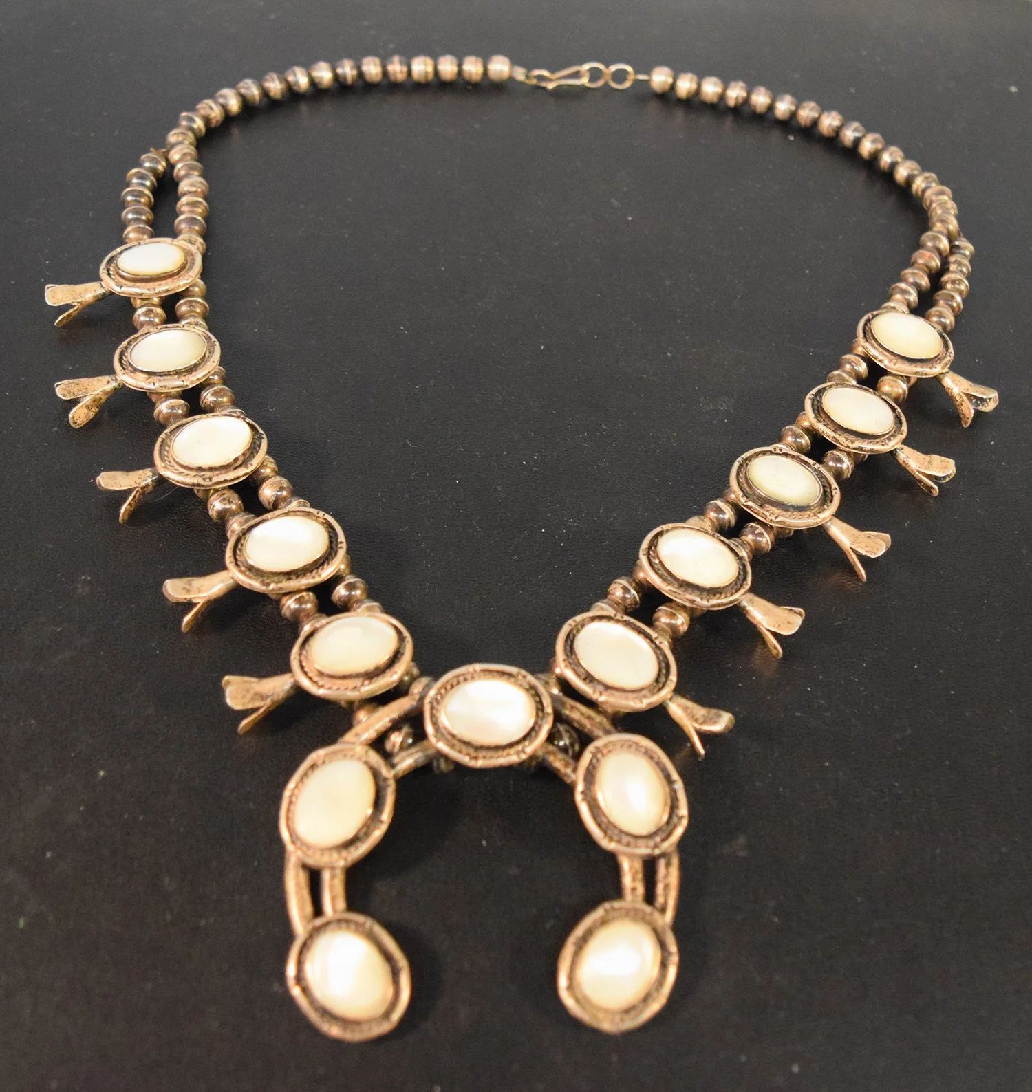 Mother of Pearl squash blossom in sterling silver, no mark