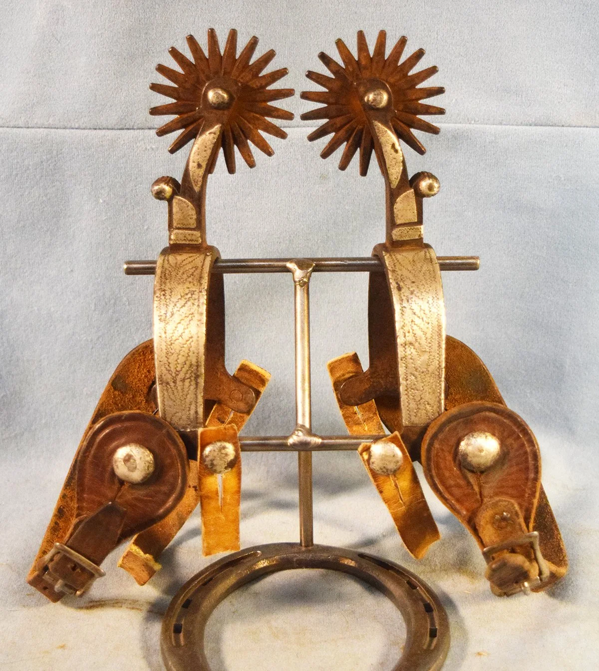 Double mtd silver overlaid Cheyenne heel band spurs, Wyoiming style, cowboy spurs
