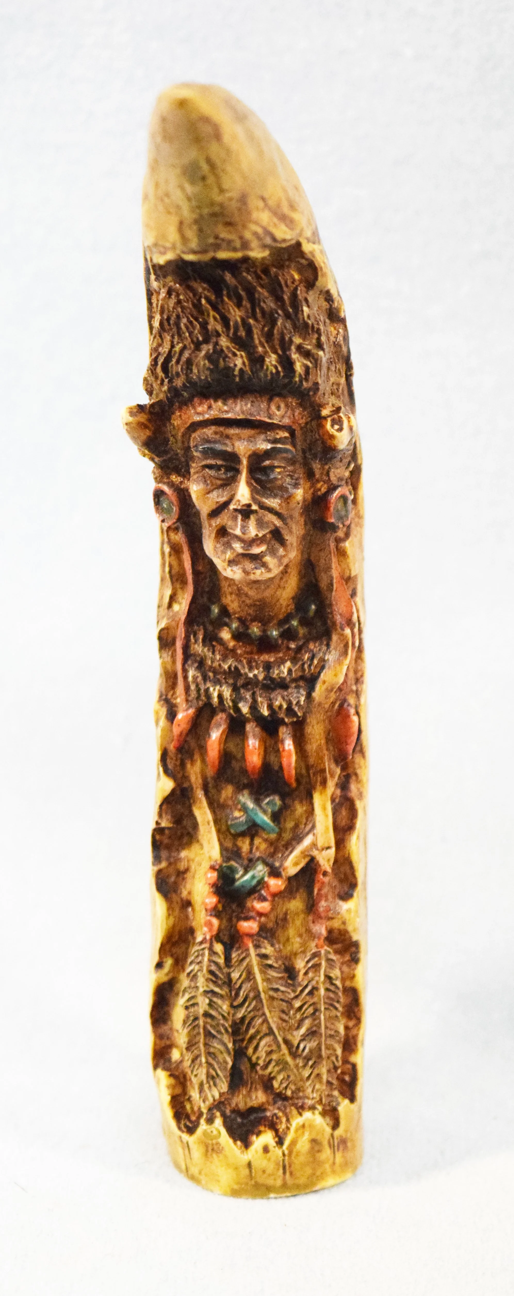 Early 20th Century hand carved resin Indian chief buffalo horn, 6" tall 