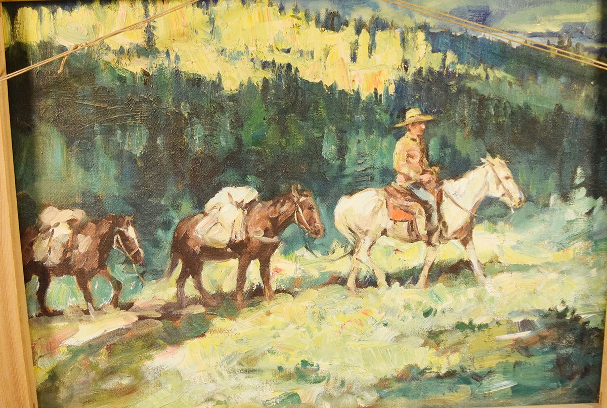 Reverse side of previous painting....Bodily, Cheryl, original oil on canvas, The War Party, 18" x 24", framed, signed lower left, second painting, Packing In, on reverse side of canvas
