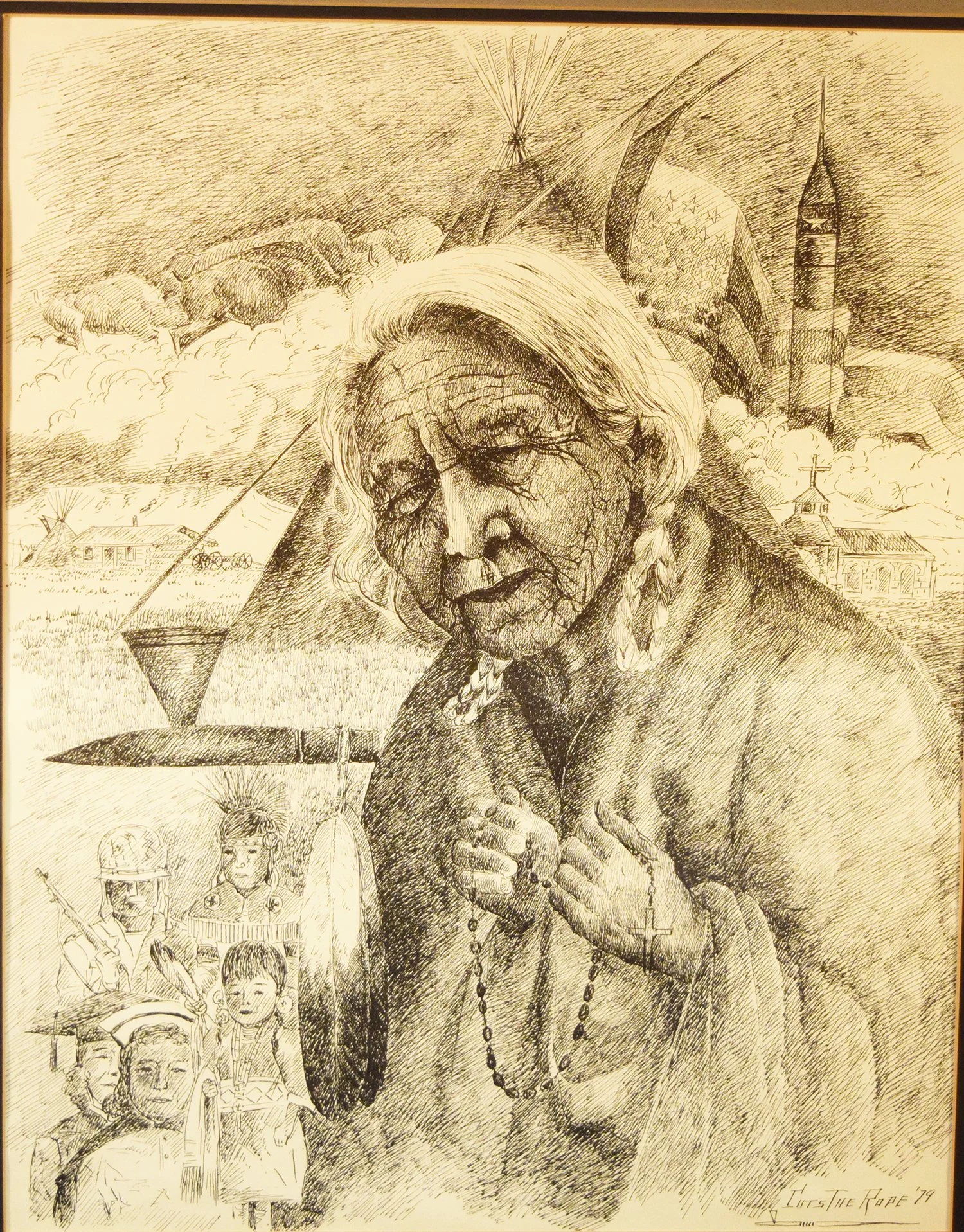 Cuts The Rope, Clarence, original pen & ink, Grandmother's Vision, 1979, 20" x 16", framed, signed lower right