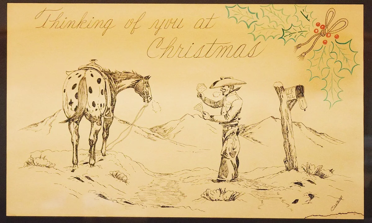 Cuts the Rope, Clarence, pen & ink with watercolor, Cowboy with Horse at Mailbox, 13" x 12.5", framed