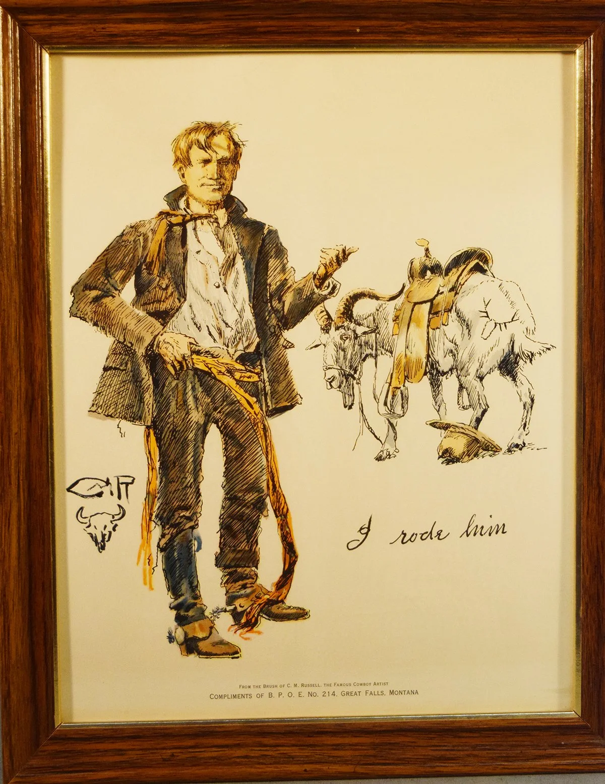 Russell, C. M., print, I Rode Him, 14" x 11", framed
