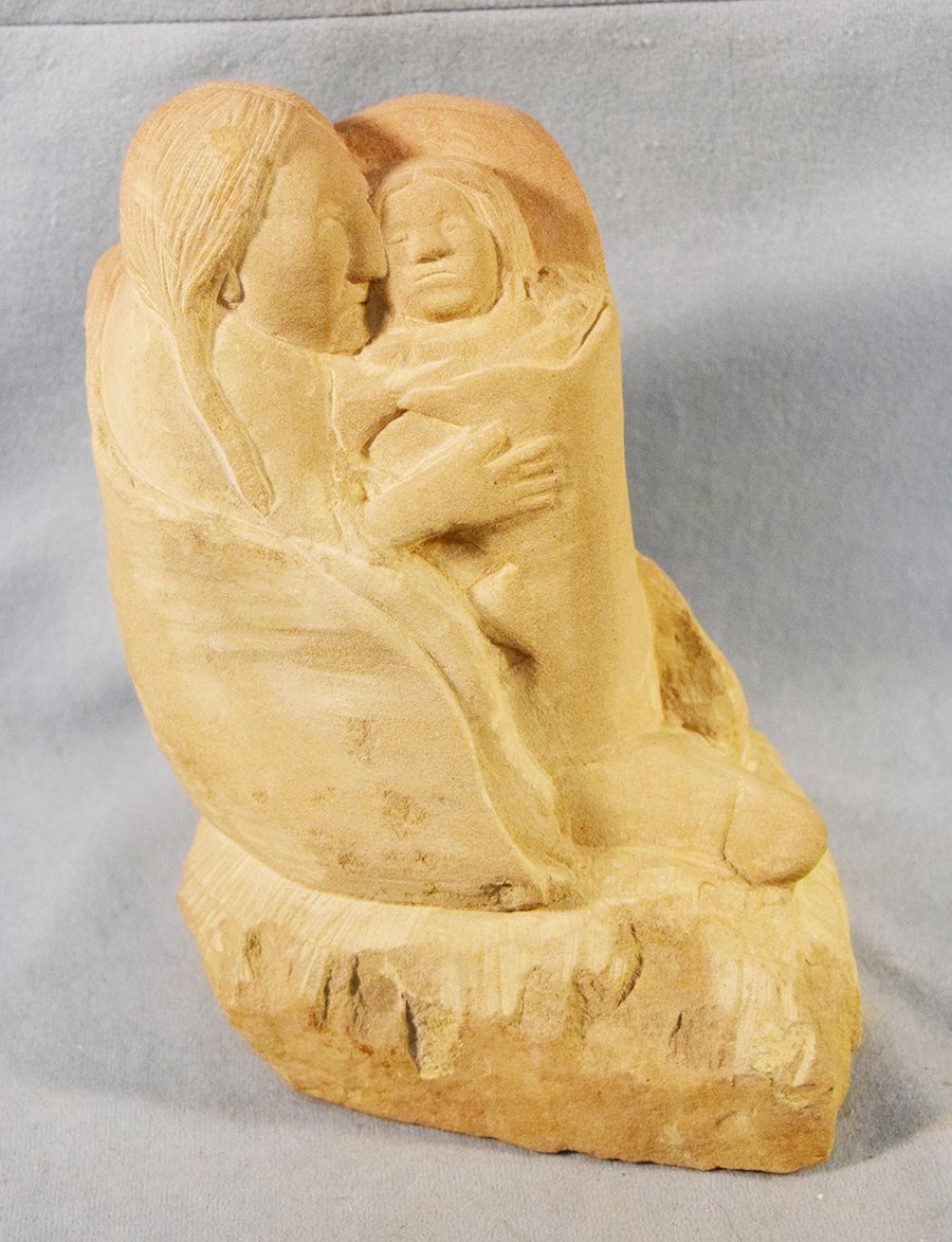 Chopwood, Hank (Hays, MT), stone sculpture, Indian Maiden with Child in Cradle Board, 8" x 7" x 5.5"