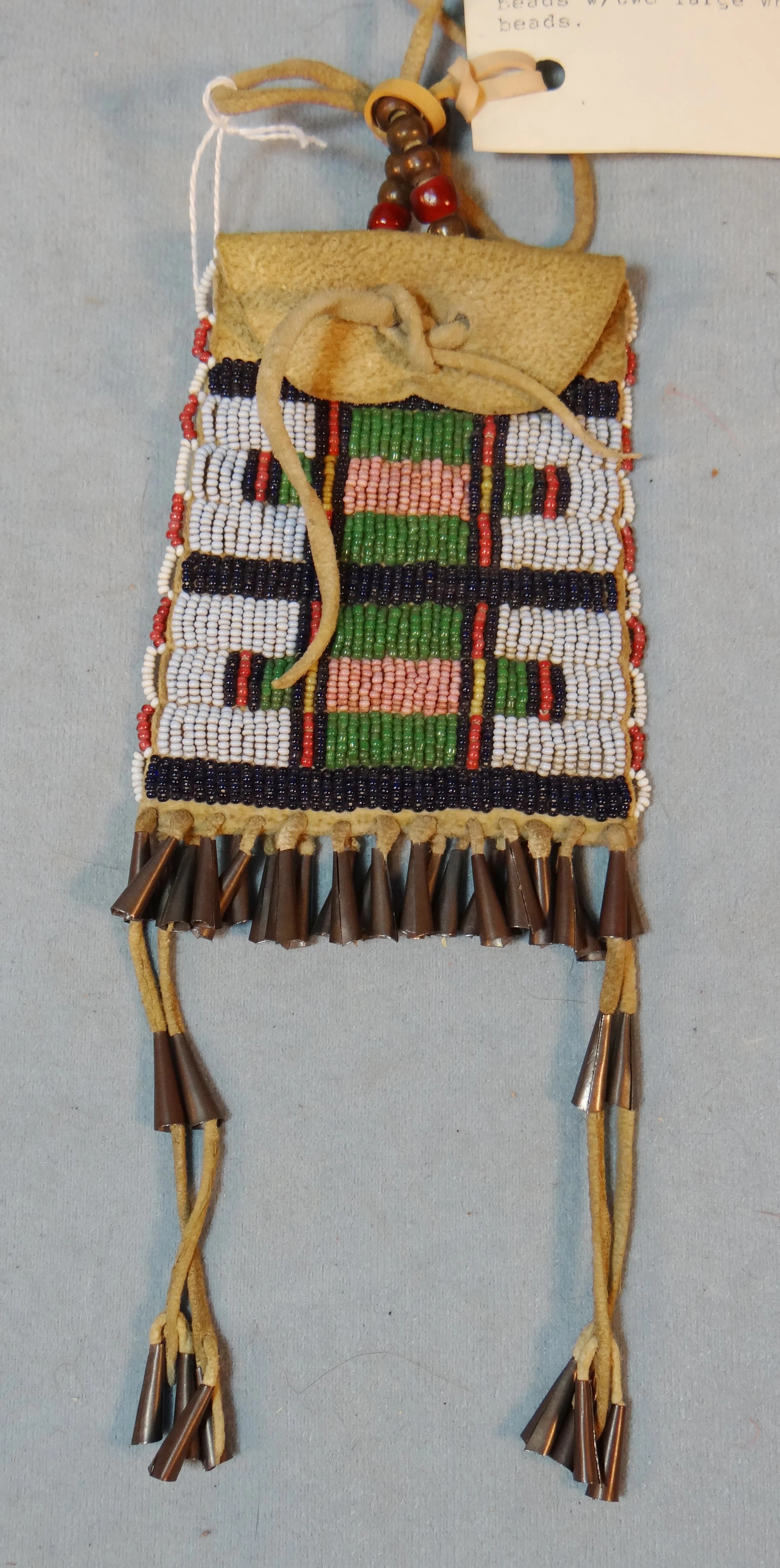 Cheyenne beaded strike-a-lite bag, 4 «" x 3", soft deer hide, cone trip
