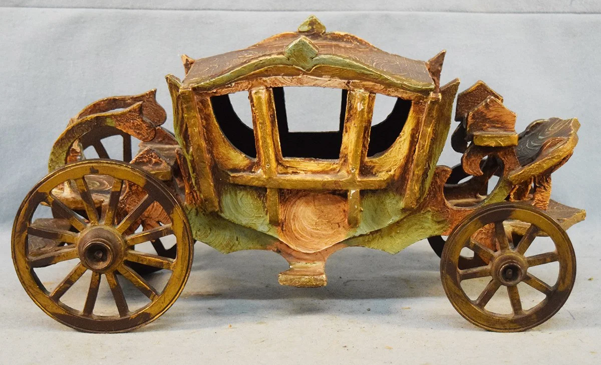 Vintage wooden stage coach with metal wheels and axels, 15" x 8" x 5"
