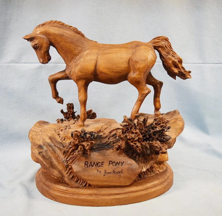 Kosel, Joan (Red Lodge/now AZ), wood carving, The Range Pony, 11" x 11" x 6.5", signed & numbered #283, 2007 