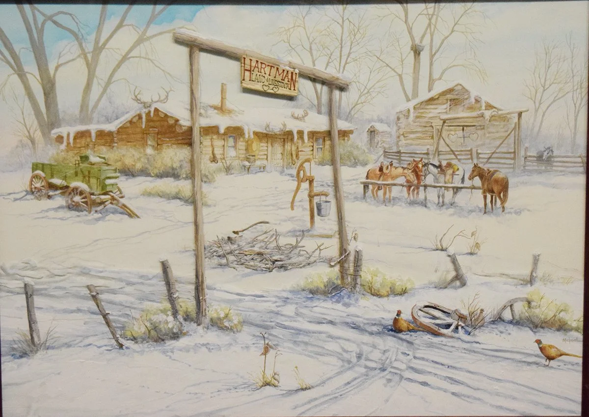 Michael, Judy, orginal water color, Cabin on the Milk River, 21" x 29", framed. This piece is double glassed with the lower portion of the painting being on the first pane of glass. Essentially the "ranch name" could be removed/replaced