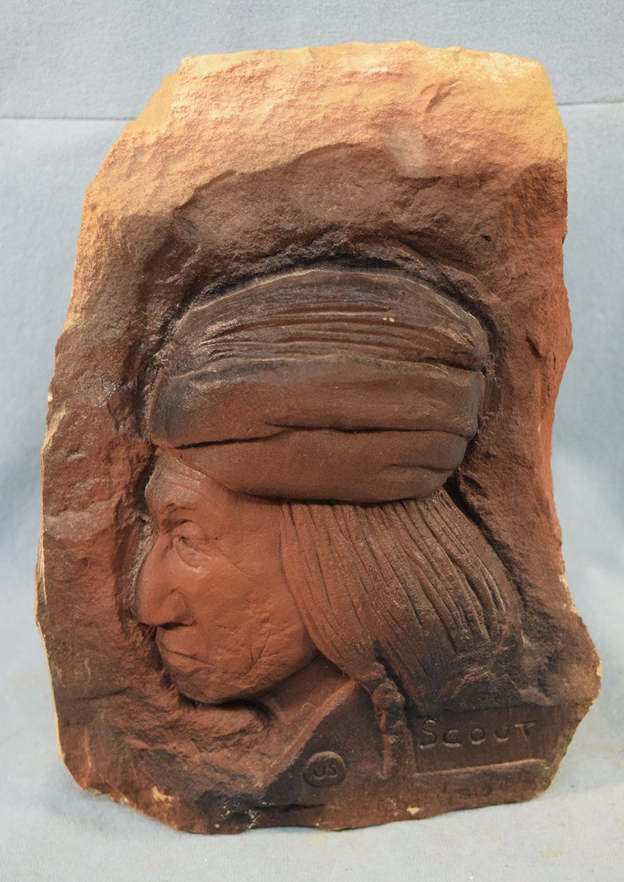 Chopwood, Hank (Hays, MT), stone sculpture, Curley, Crow Scout, 9" x 7.5" x 5.5"