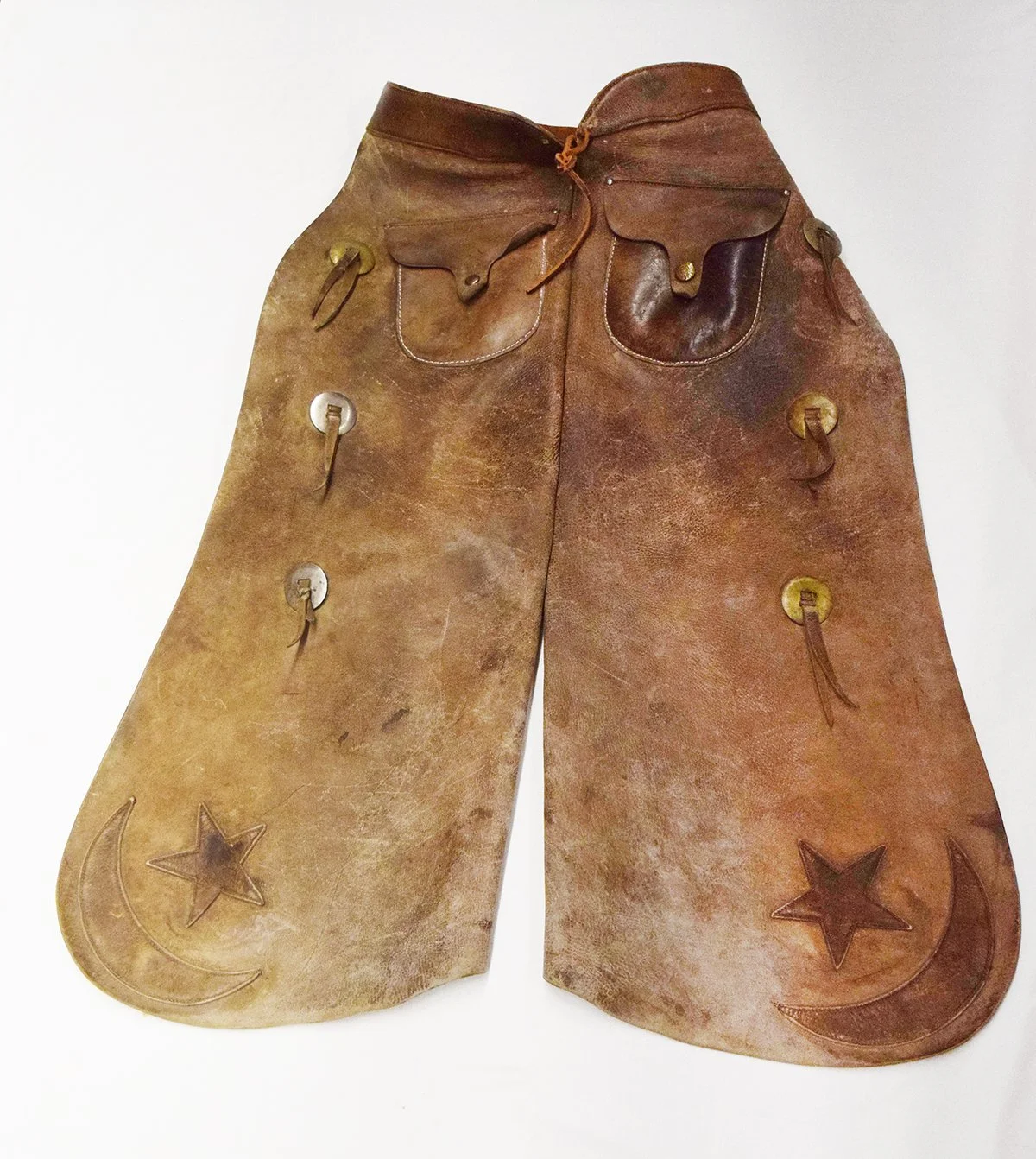 Heiser batwing chaps, 2 tone leather, w/star & quarter moons, 31"
