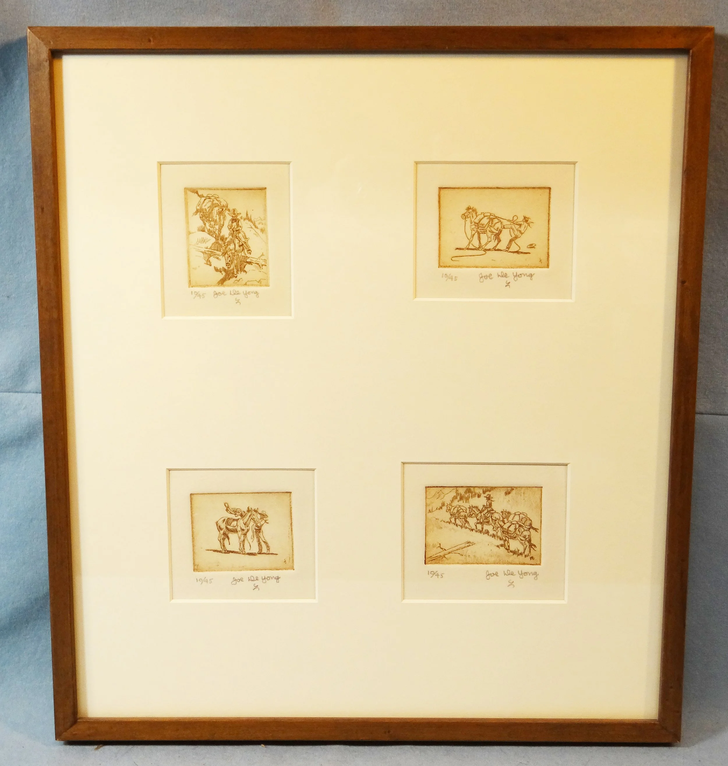 DeYong, Joe, 4 limited edition etchings, all #10/45, framed together, each image approx 2" x 2½", each signed lower right