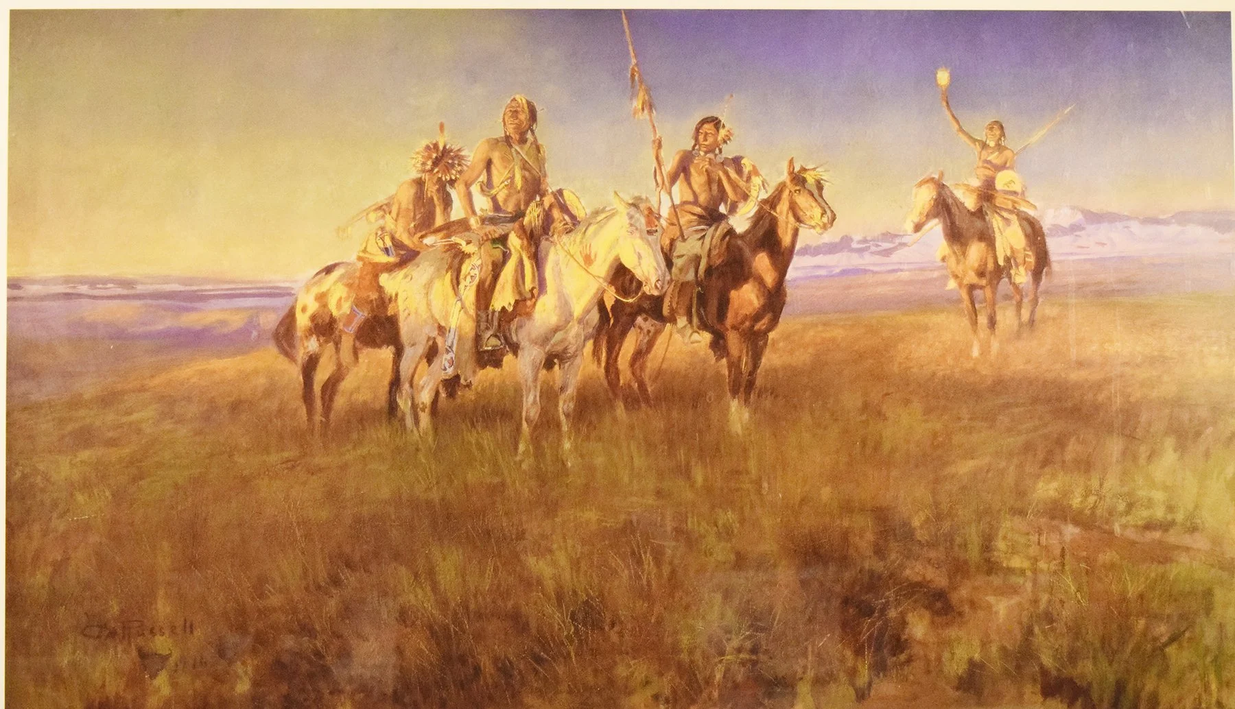 Russell, C. M., print, Red Man's Wireless, 18½" x 32", framed
