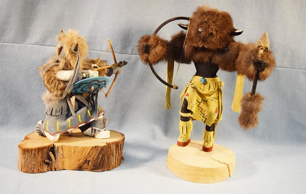 (2) Navajo buffalo Kachina dolls on stands: Buffalo Warrior by Alta Apocheto, 10" tall & Buffalo Navajo, 12" tall