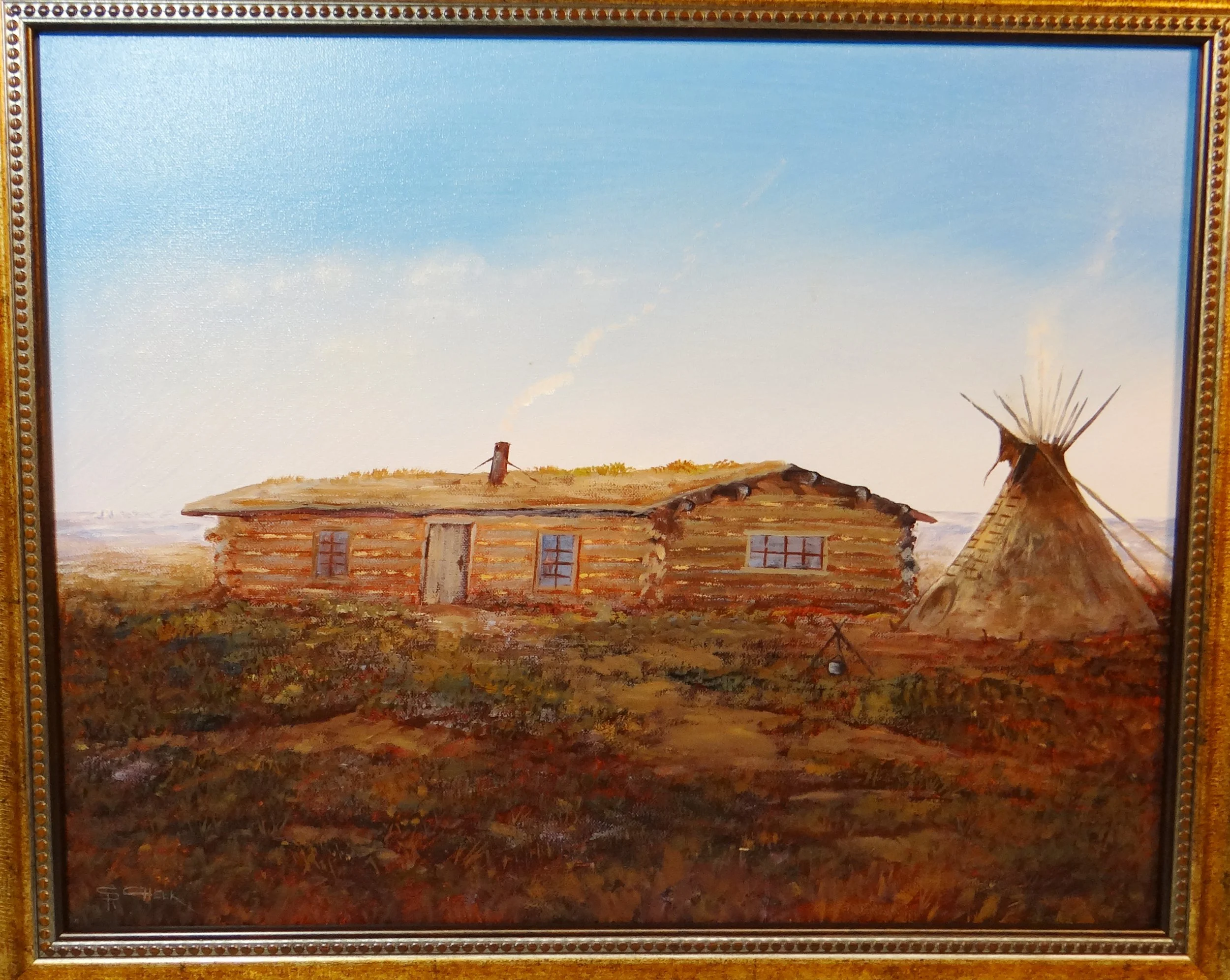 Cheek, C. R., original oil on canvas, Elders Like Teepees, 16" x 20", framed, signed lower right
