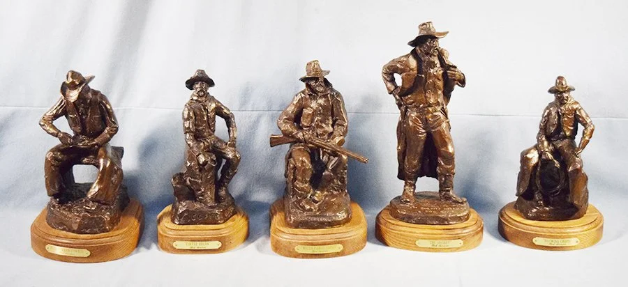 Scriver, Bob (1914-1999), bronze series, 1882-1887, The Cowboys, matching number 5 piece set,  #98/250 with certificates, all on wood bases. Bull Durham Cowboy - 11" x 7" x 8", 1986: Coffee Break - 11.5" x 6.25" x 7.5", 1982; Wells Fargo Cargo - 12" 