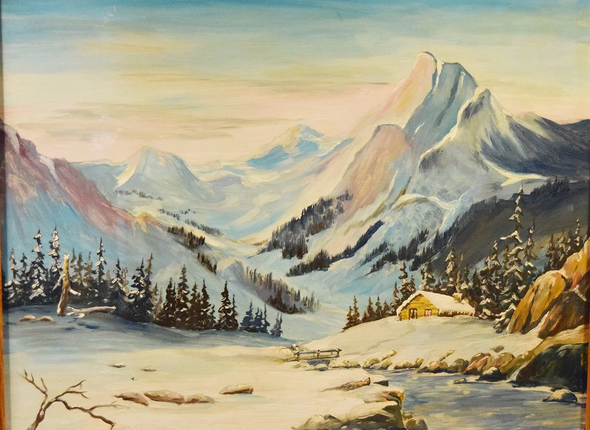 Lopp, Leonard, oil on board, Glacier Park Cabin, 18" x 24", framed, 1954