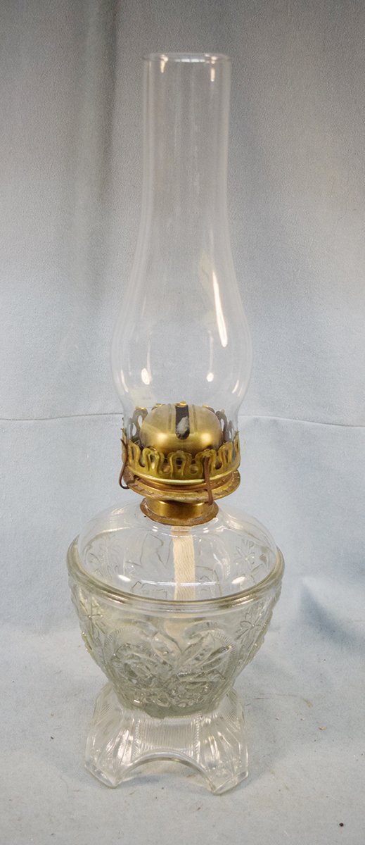 Cut glass kerosene lamp, lamp 10", chimney 10", total 19" tall, 4½" x 4½" base with 6" center diameter
