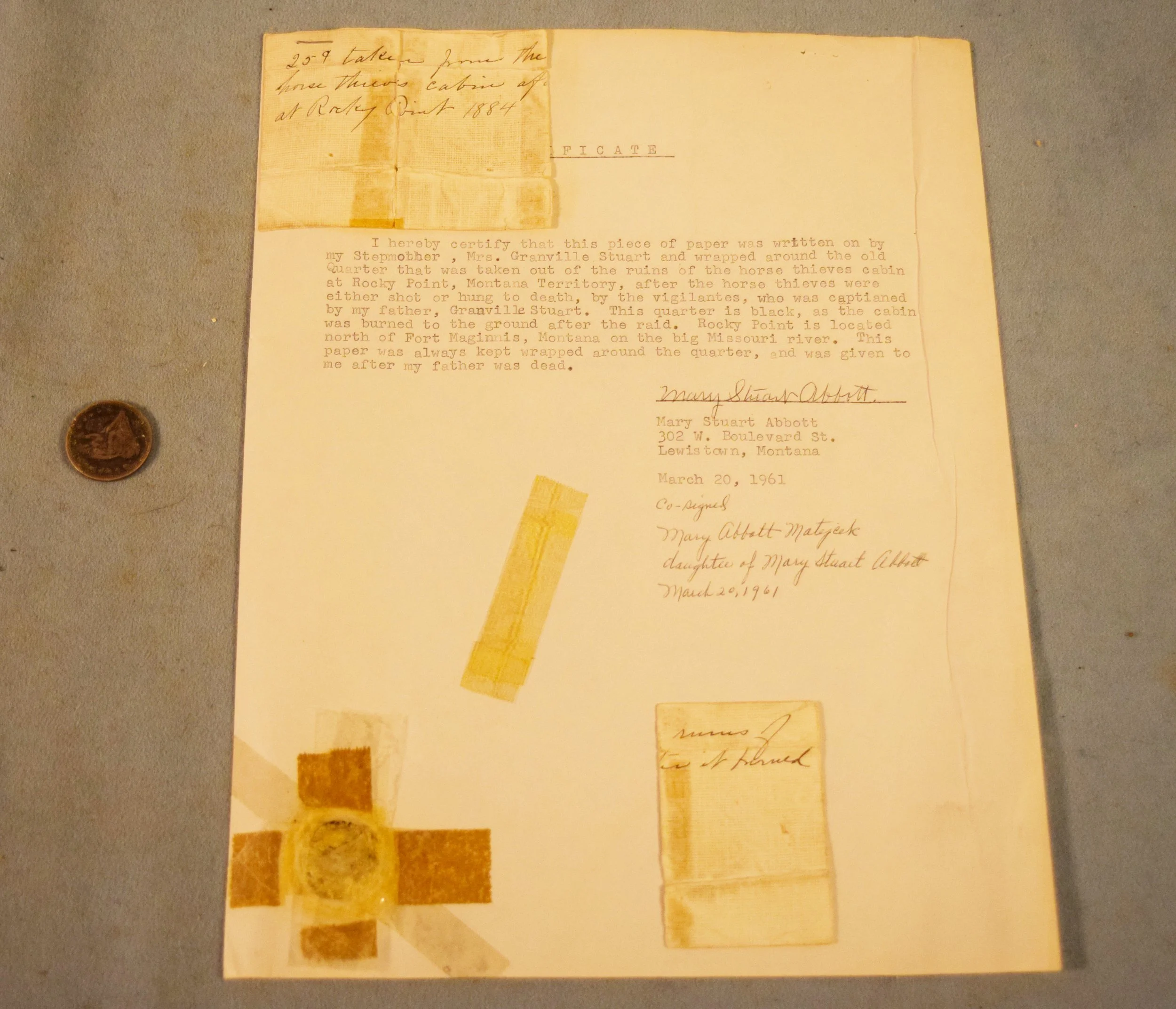 Billy Downs cabin coin, found at Rocky Point, MT, sells with letter of authenticity