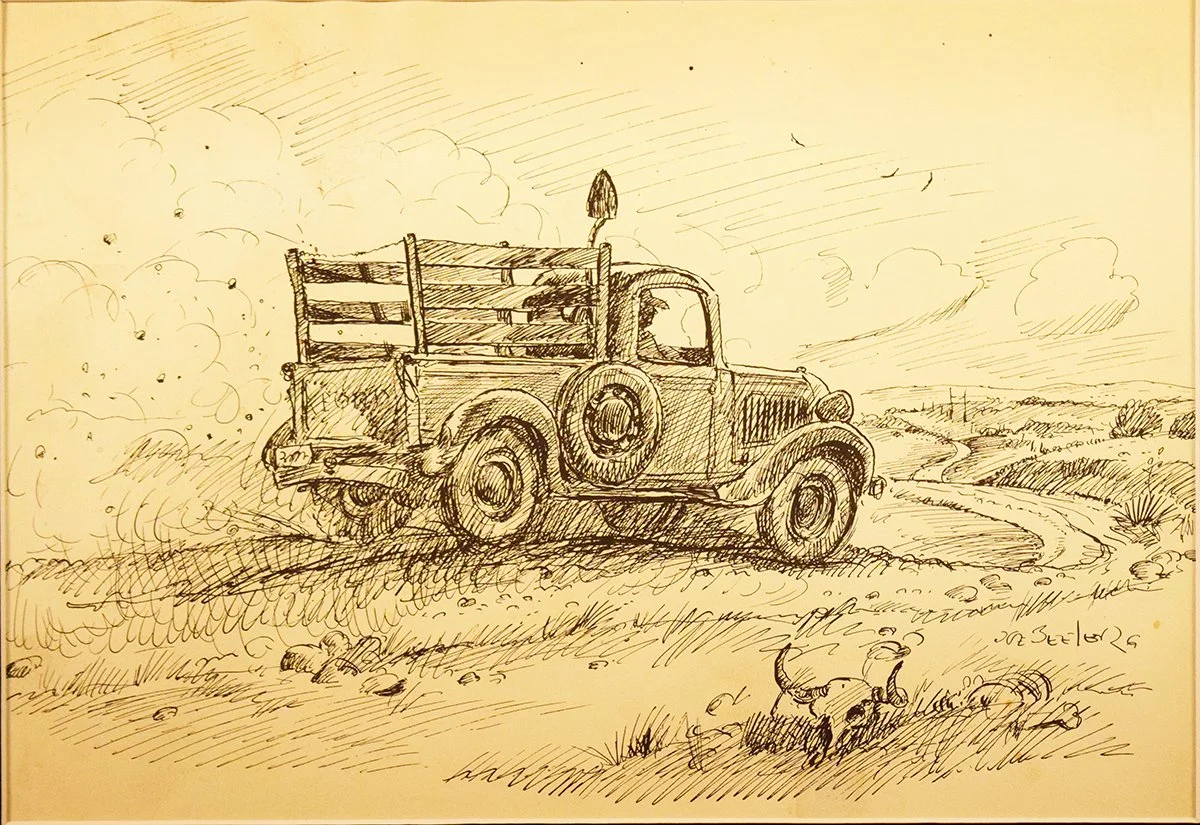 Beeler, Joe (1931-2006) Arizona, pen/ink, 8.75" x 12.75", framed, sells with book: Beeler, Joe, Cowboys and Indians Characters in Oil and Bronze, 1967, 1st, hard cover with dust jacket, signed by author, 1968, excellent condition