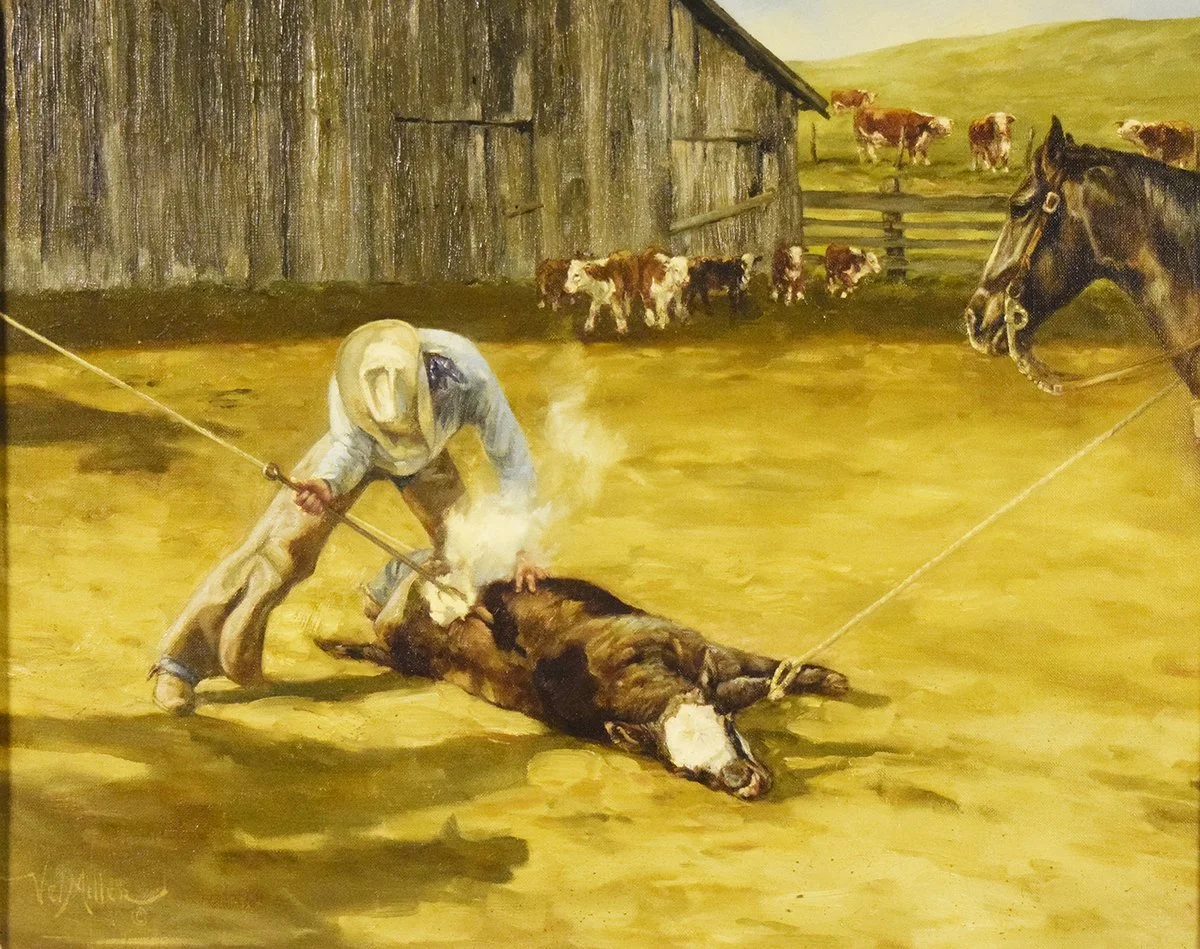 Miller, Vel, original oil on canvas, Puttin' our Handle on, 16" x 20", framed, signed lower left, artist signature on back of canvas
