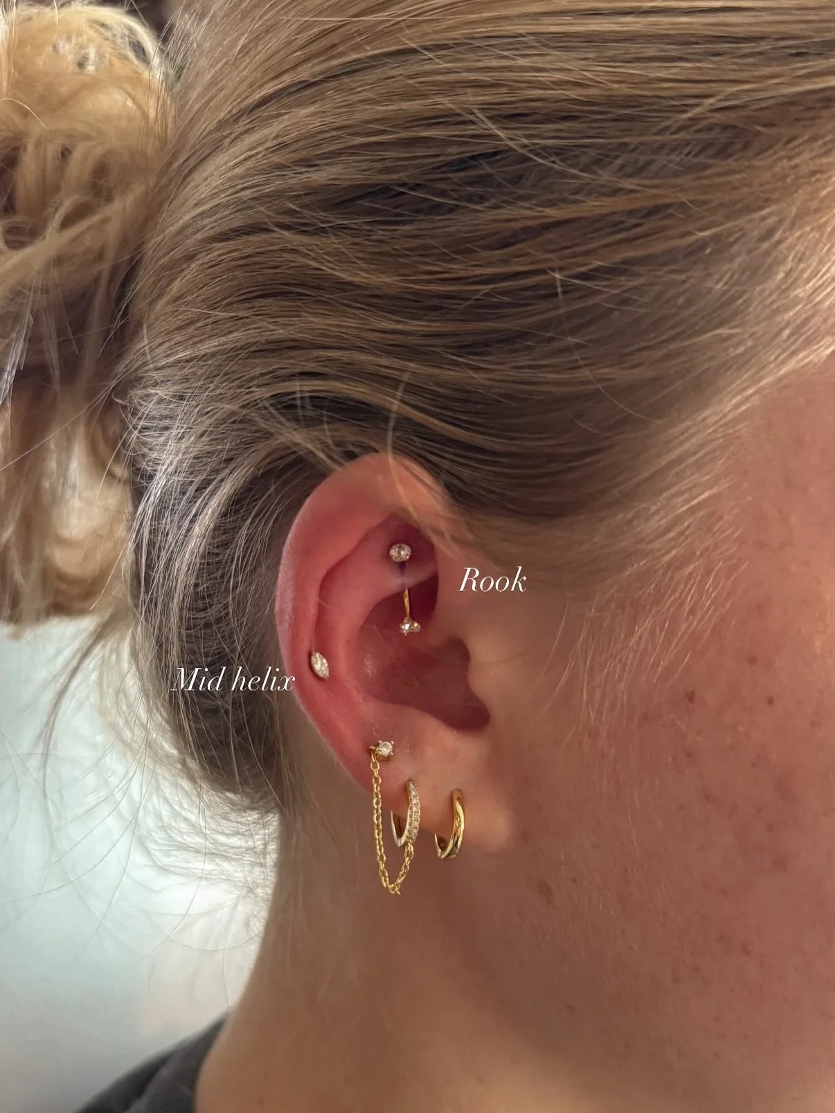 rook, mid helix, flat, upper helix 🙈

This client drove in from Findlay for four new piercings&mdash;such a fun session! I&rsquo;m always thankful for the trust and the miles clients put in to come see me 🥲