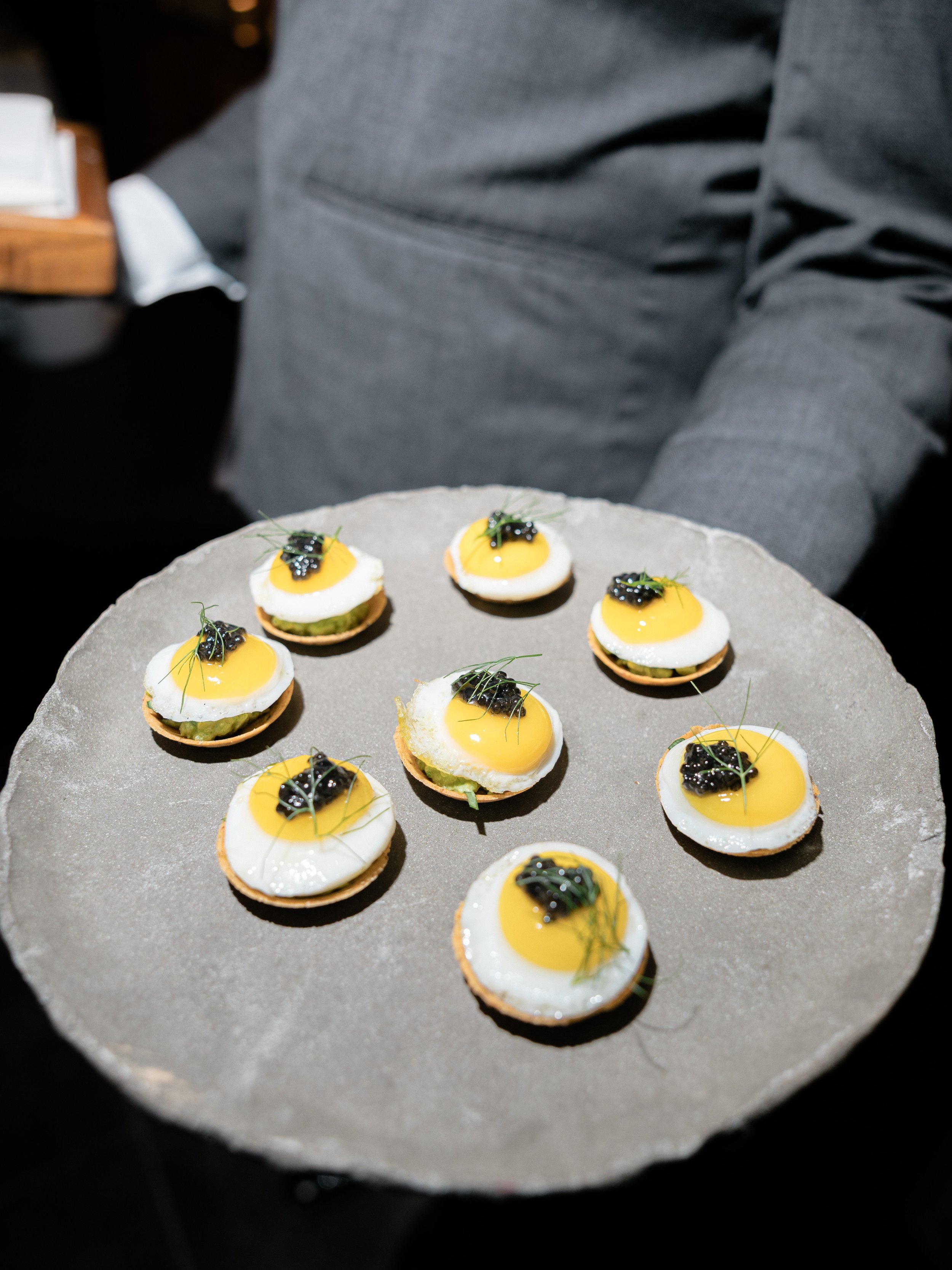 Passed canapés prepared for Jennie and Will’s wedding dinner at Blue Hill at Stone Barns.