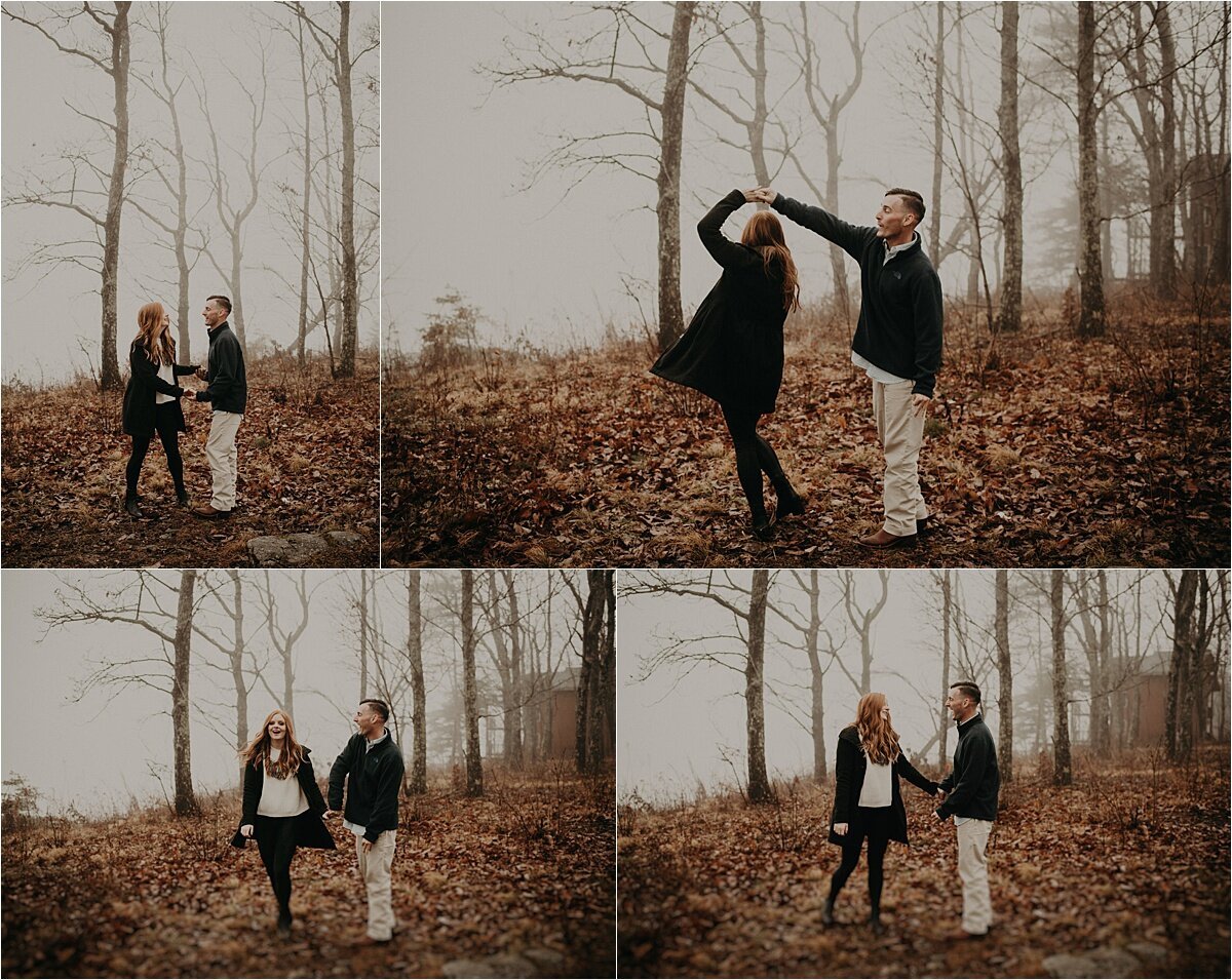  A stylish couple poses in the fog for their mountaintop engagement session 