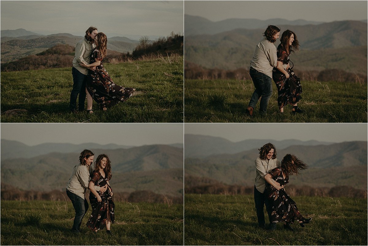 The couple embrace and dance in the Appalachian mountains