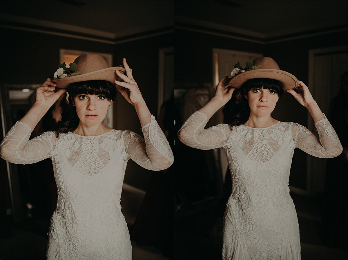  This boho bride wore a camel-colored hat with florals ringing the brim in this Nashville, Tennessee wedding 