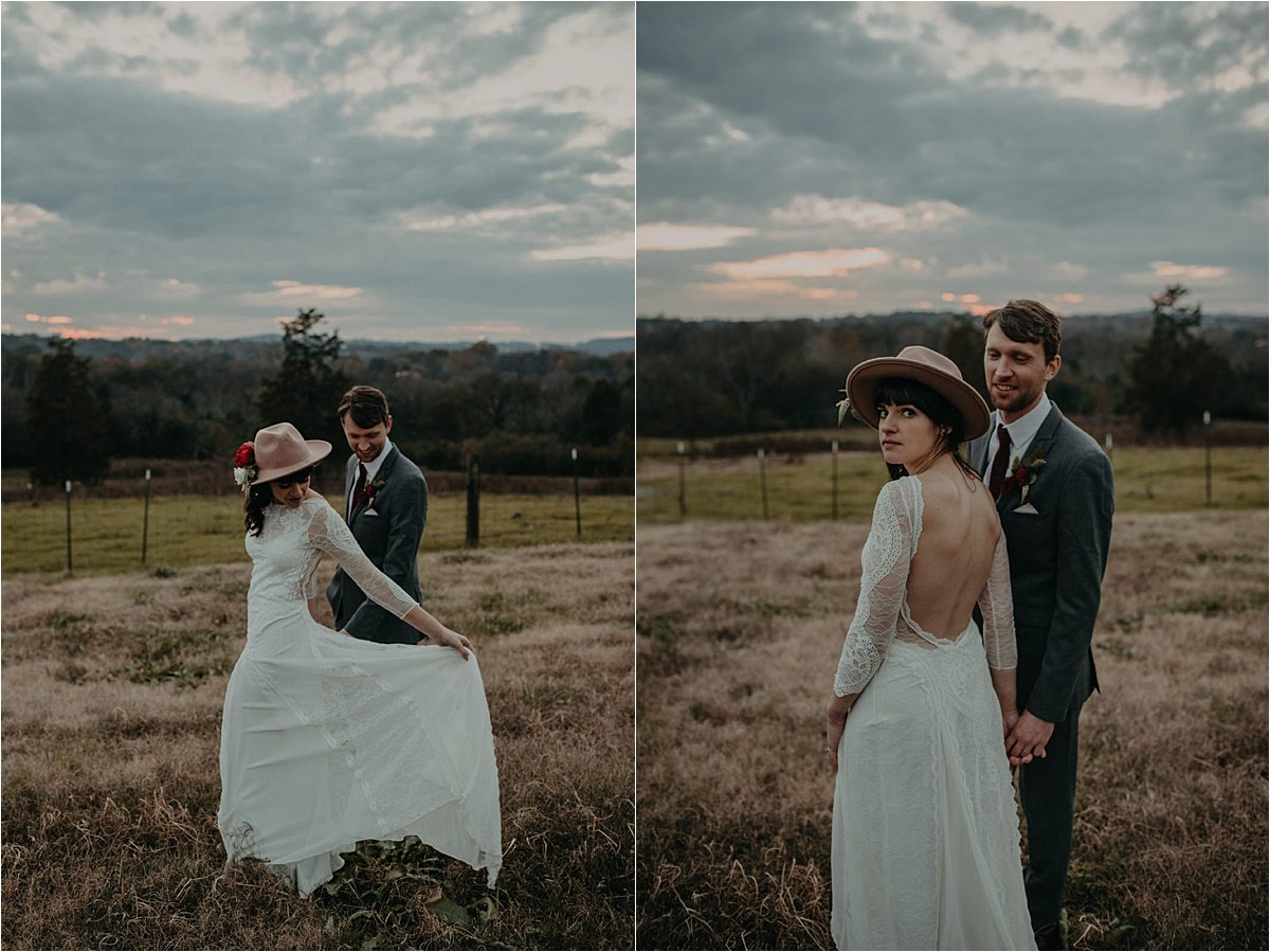  A boho, music inspired wedding with a Grace Loves Lace wedding gown, and a camel hat with florals  