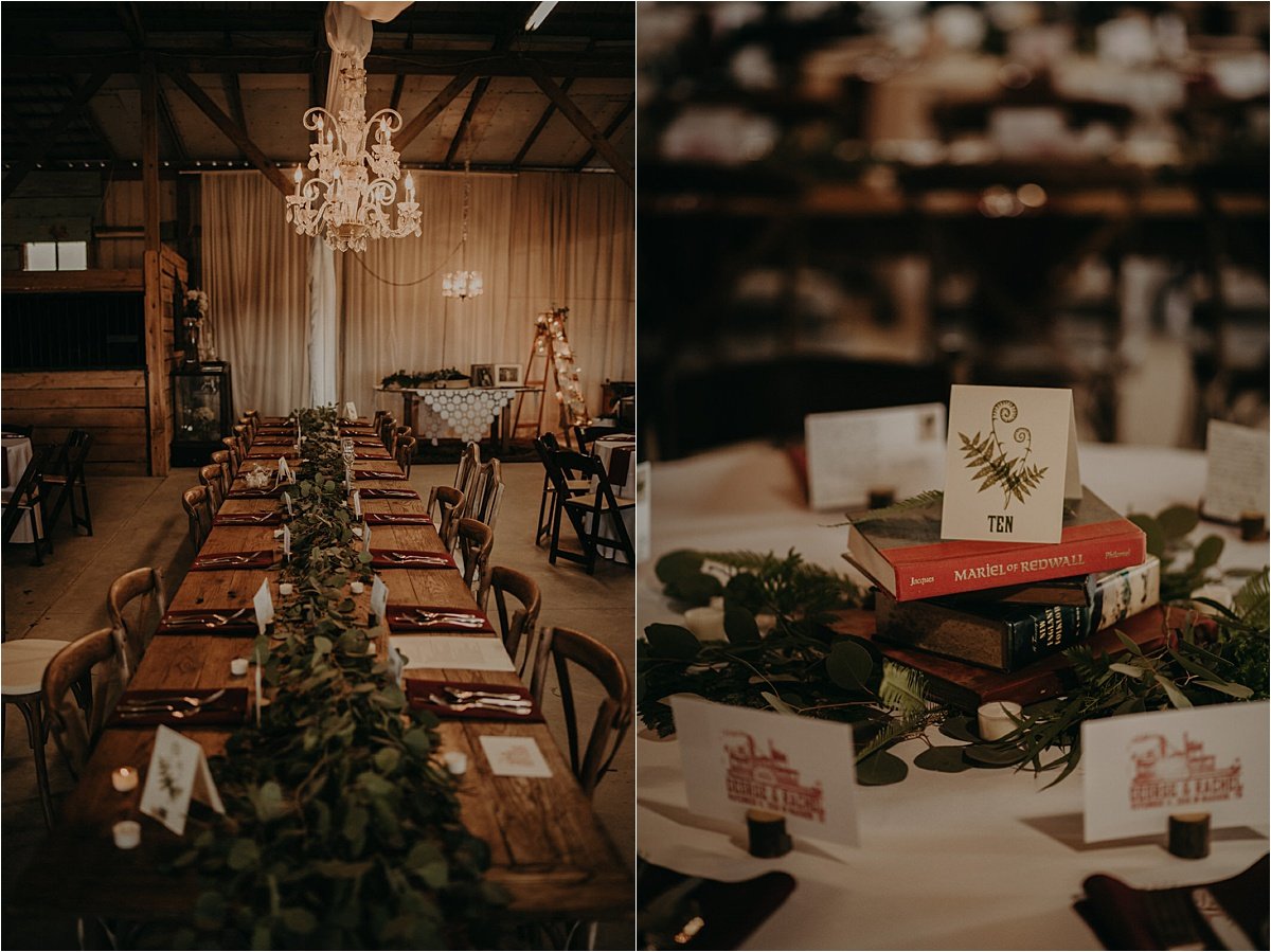  The bride and groom salvaged broken musical instruments and other antique pieces to design their reception decor at this Barn in the Bend wedding. 