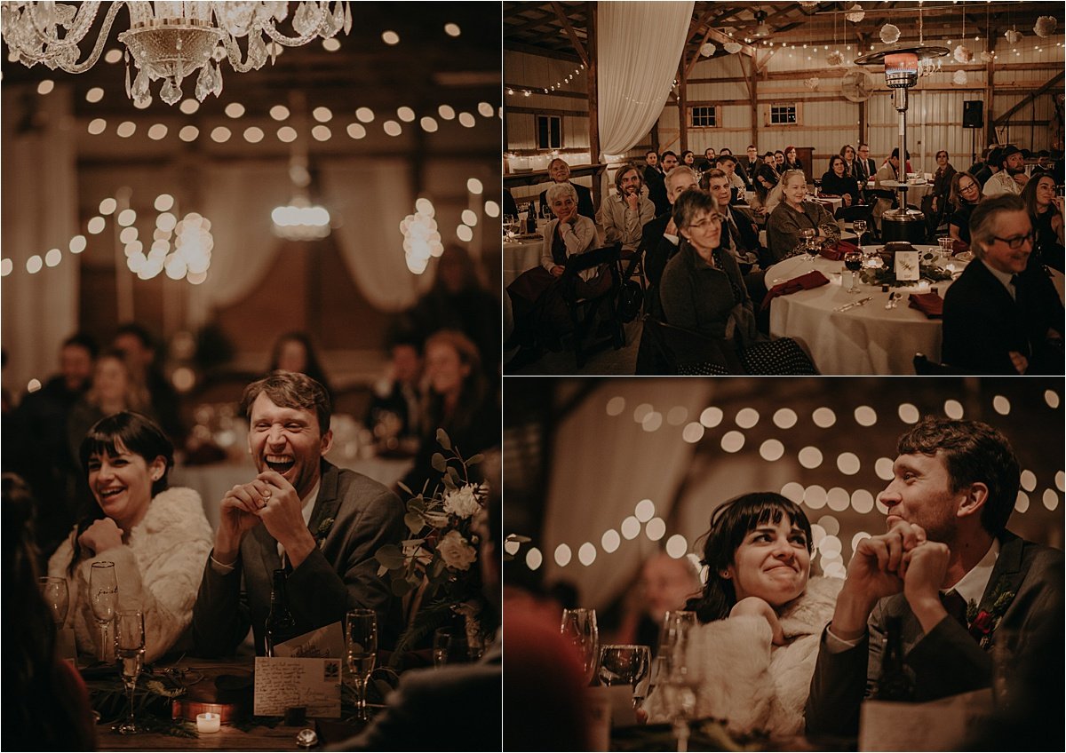  Tearful, laugh-filled toasts and speeches while the bride stayed warm in a vintage fur coat. 