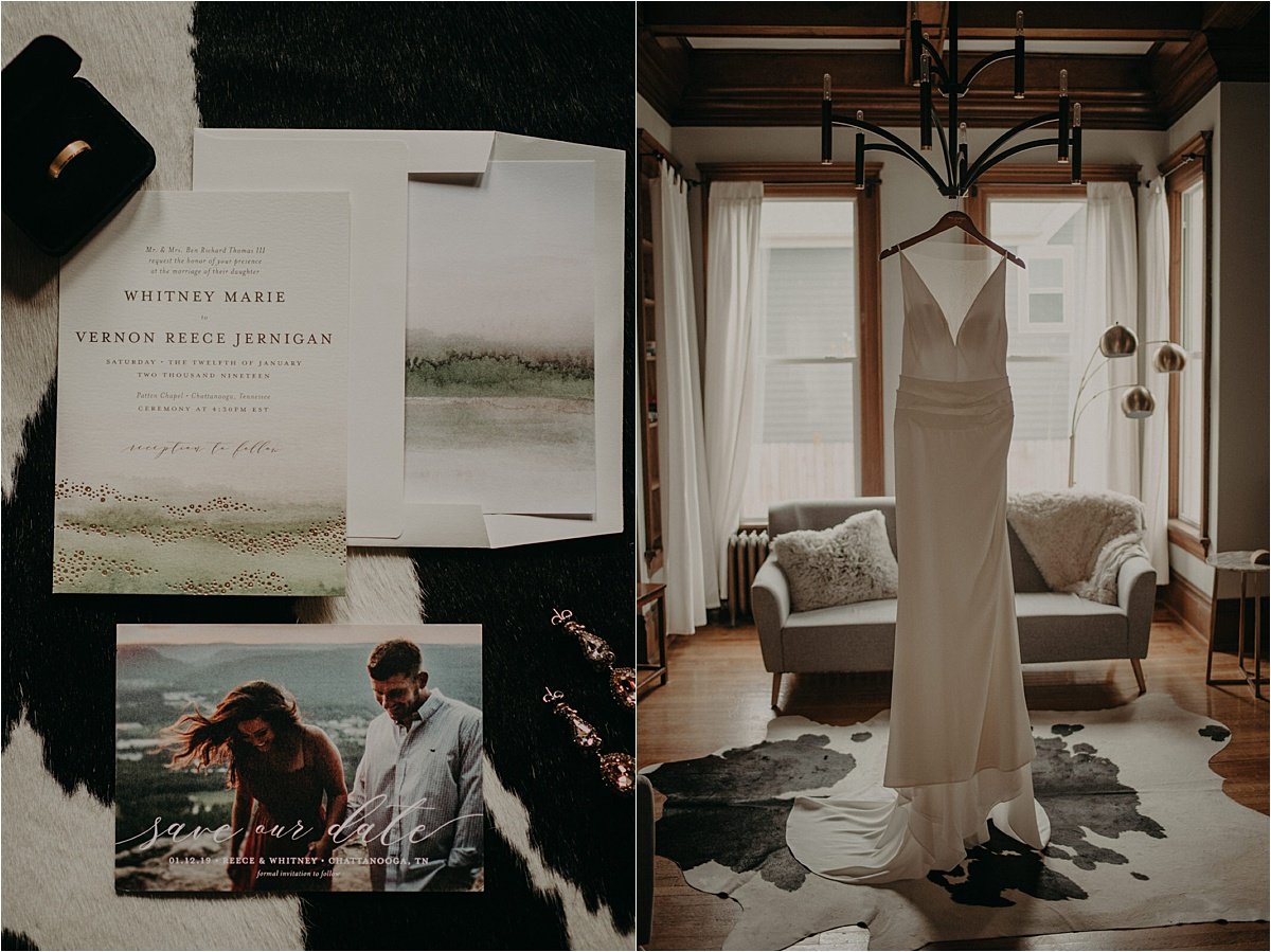 The bride's Lela Rose gown hanging in a Chattanooga AirBnb